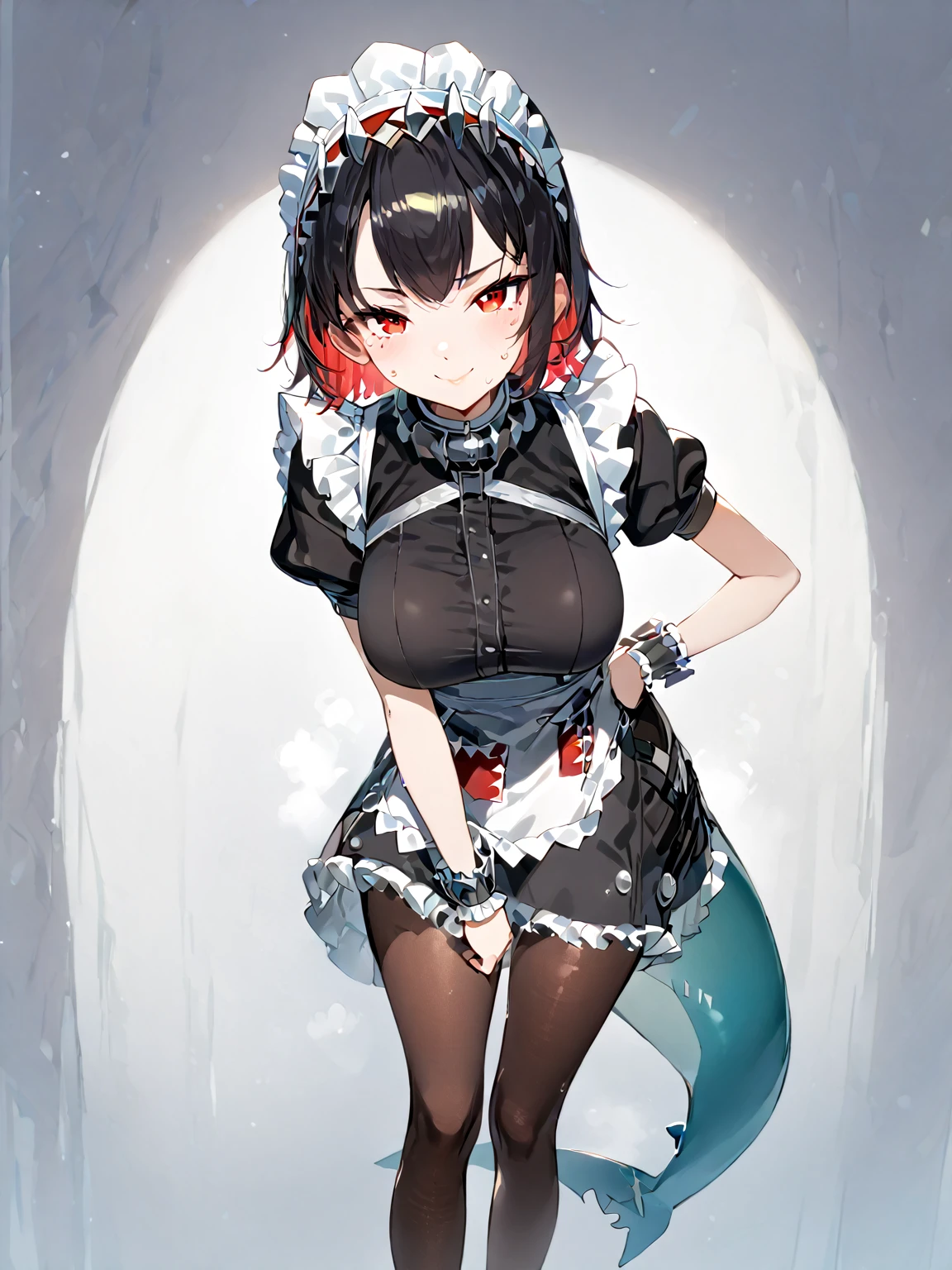 Ellen Joe, maid, shark tail, (shark girl:0.5), 1girl, red eyes, tail, pantyhose, multicolored hair, black footwear, short sleeves, apron, wrist cuffs, maidheaddress,pretty face,highly detailed eyes,highly detailed face,highly detailed lips,face focus,cowboy shot,standing,contrapposto,light and shadow,steaming body,sweat all over,
1girl, solo,looking at viewer,smile,(furrowed eyebrows),
big breasts,perky breasts,illustration,manga,anime,(anatomically correct),Life drawing,masterpiece,great mosu