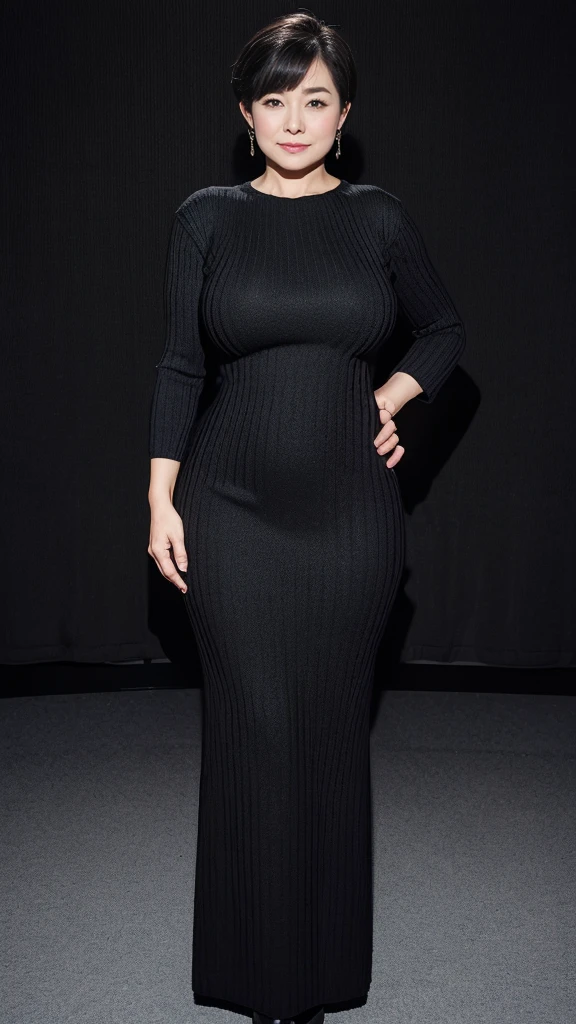 Japanese, mature, (alone), 60 years old, (Wrinkles around the eyes:1.2), Soft big breasts, Mature Woman, Super big , Glamour, Sexy, Watching the audience, Extra large breasts、Wearing a tight-fitting knit、Tight-fitting knit dresini skirt、Plump、With legs apart、(Panties exposed)、