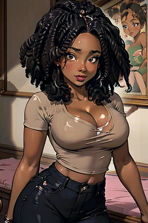   Realistic sfw photo of beautiful black girl ,   thin and thick waist  , but thinner , dangerous curves,   covered in runny milk  , Expose, seductive, African, tanned skin, black top, Dark skin, dreadlocks, cleavage, Expose breasts, breast recess,   Pixiv hyperrealistic portrait trend , at home, pose sexy, 19 years sfw 