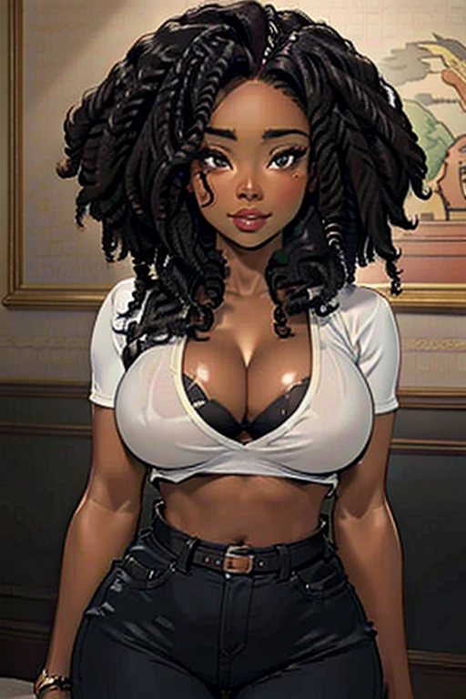   Realistic sfw photo of beautiful black girl ,   thin and thick waist  , but thinner , dangerous curves,   covered in runny milk  , Expose, seductive, African, tanned skin, black top, Dark skin, dreadlocks, cleavage, Expose breasts, breast recess,   Pixiv hyperrealistic portrait trend , at home, pose sexy, 19 years sfw 