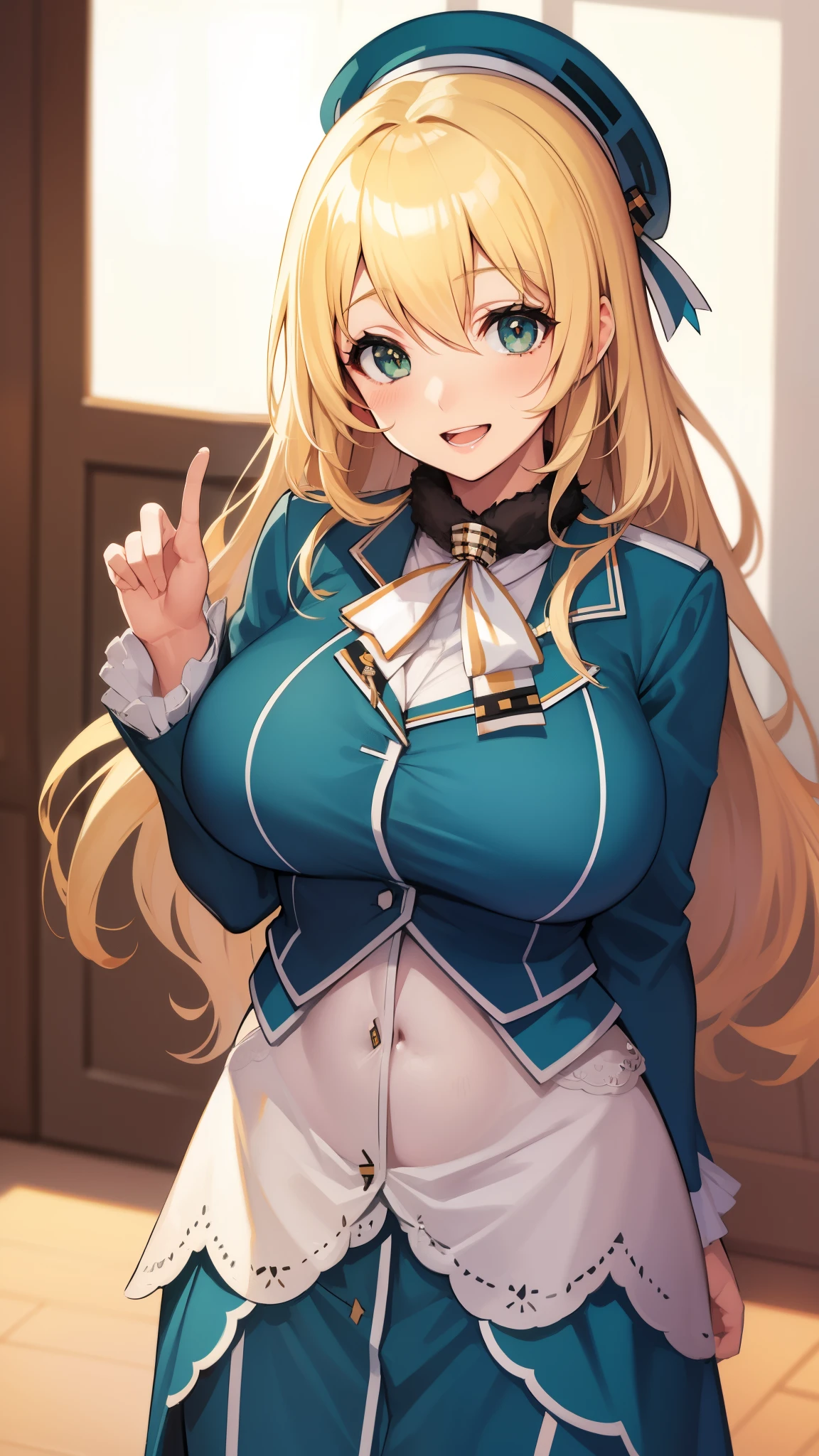 , Looking at Viewer,
blonde hair, large breasts, Smile, Open mouth, bsmile,wide hips,long hair,indoor,uniform,AtagoKC, (Atago) uniform,beret