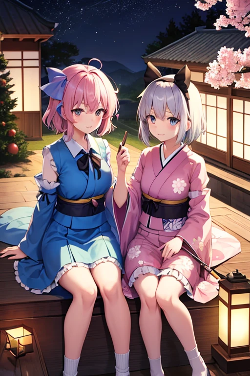 Sky blue hair, (Braided Ponytail), Pink eyes,Fair skin ,(whole body),(One Girl),Tsukimi,Dumpling,Japanese pampas grass,(beautiful, Full moon shining in the night sky),(masterpiece, Highest quality, Very detailed, Best Shadow), (Detailed Background), (Beautifully detailed face), High Contrast, (Best lighting, Very delicate and beautiful), ((Cinematic Light)), colorful, Hyper Detail,8k, Dramatic Light, Intricate details,Sit and eat dumplings while watching the moon,Rabbit pattern on the moon