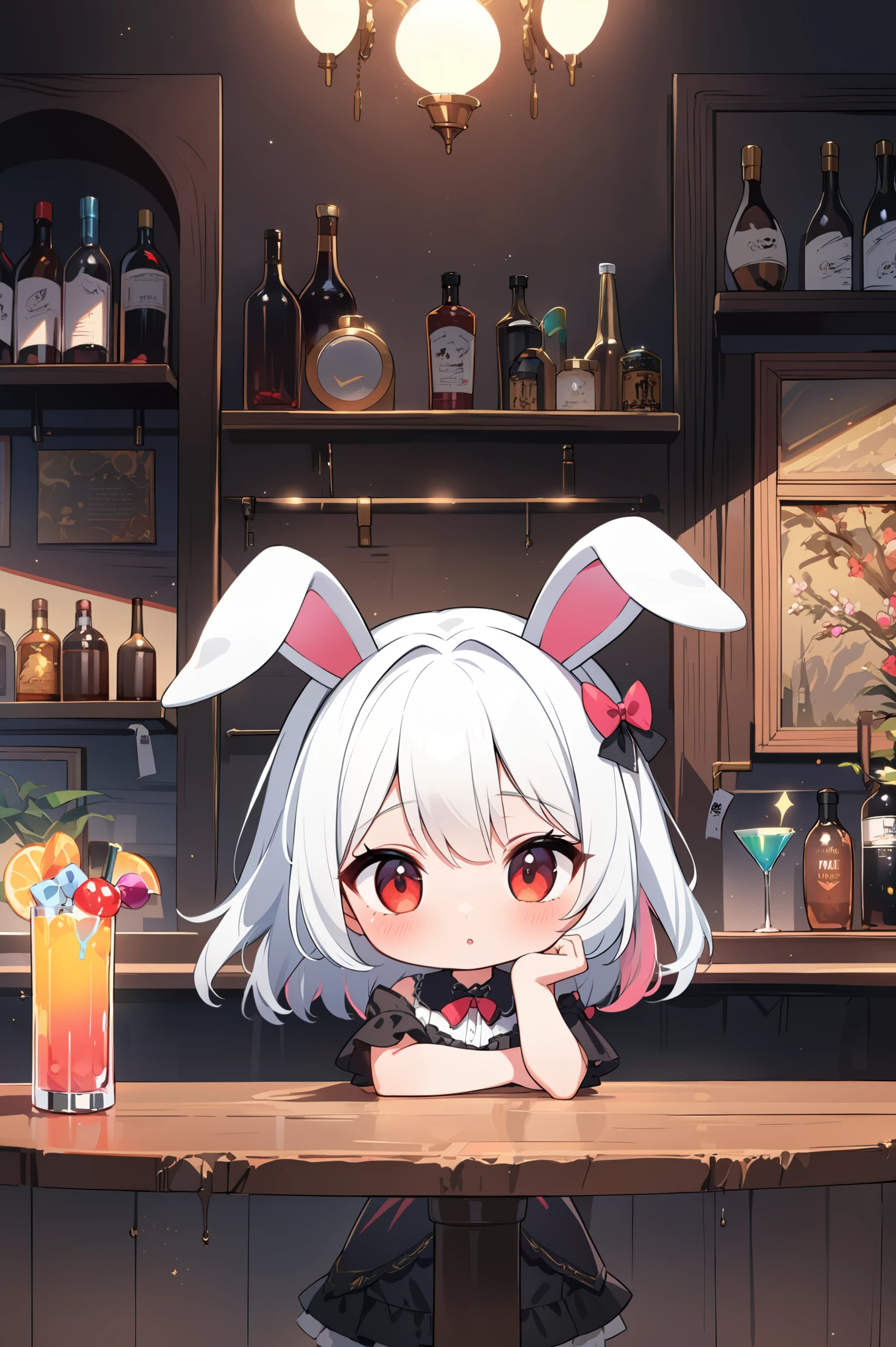 (2.5D),oil painting,solo,1girl\(2.5D,Chibi,cute,kawaii,small ,(white hair:1.4),long,hair,rabbit ear,white classic dress with frill,red eyes,big eyes,skin color white,big black hairbow,thinking about somthing\), BREAK ,background\(inside,(gothic bar),at counter,(cute beautiful (colorful:1.4) cocktail on the table:1.2),simple\),(2.5D), BREAK ,quality\(masterpiece, best quality,8k,wallpaper of extremely detailed CG unit, high resolution, top-quality, top-quality real texture skin, hyper realistic, increase the resolution, RAW photos, best quality, highly detailed, the wallpaper,golden ratio,high saturation realism, vibrant colors, dramatic lighting, persuasive storytelling, atmospheric scenery, captivating visuals, intricate details, strong emotions,dreamlike world\)