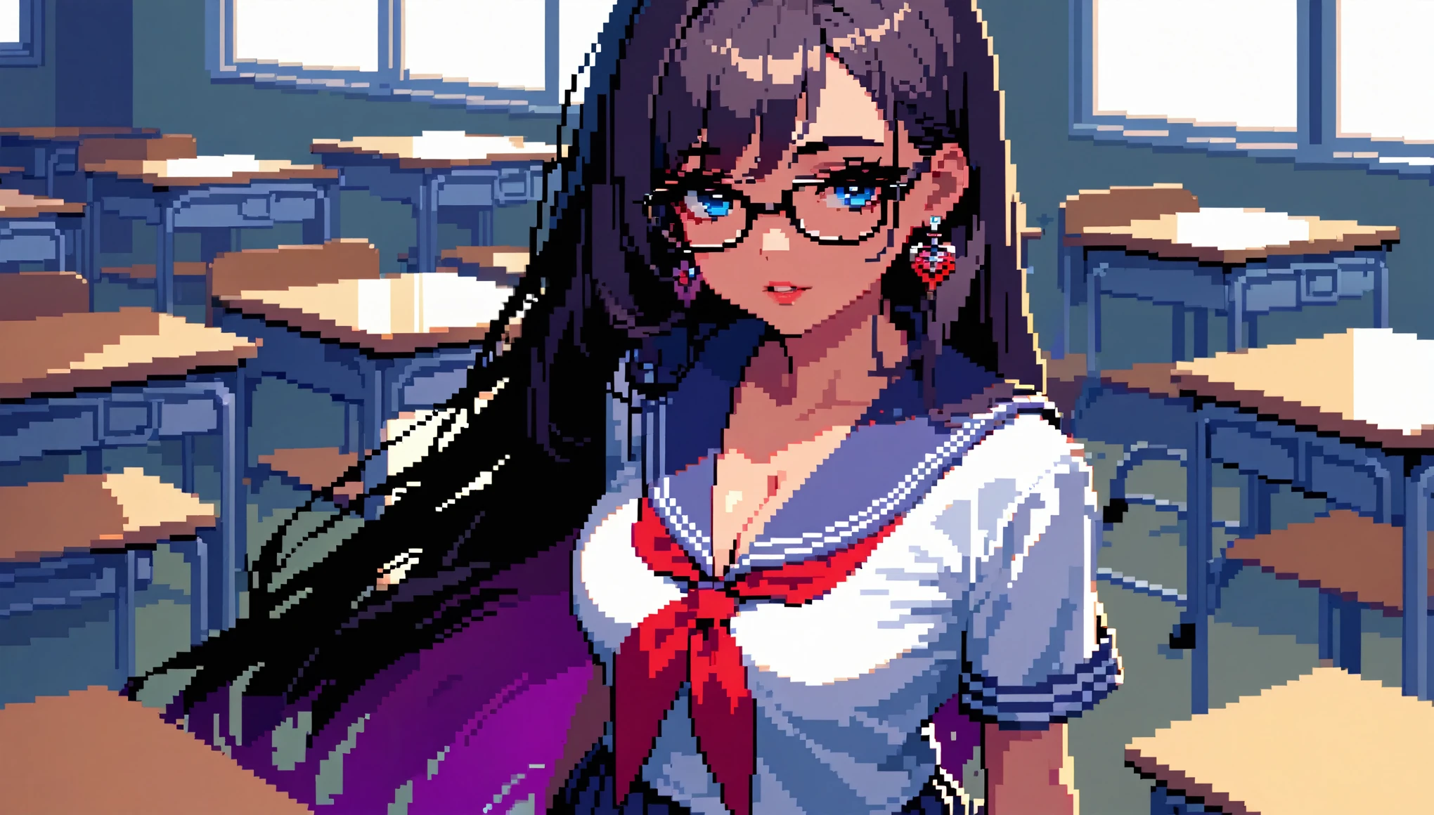 (Best Quality:1.2,  very detailed,  pixel art:1.2,  high contrast , masterpiece:1.2), ((( 1 girl))), Beautiful woman, Glasses, Glossy lips, Rouge, ( cowboy shot:1.2, Front View), Obscene, Foster a sense of inferiority, Lewd Eyes, A face filled with lust, ((Schoolgirl), Black Hair,  straight long hair , Purple gradient hair, blue eyes,  earrings,  white shirt, Show me your cleavage), School classroom, Sailor suit,  pleated skirt, Professionalism, Bright colors, The right perspective.