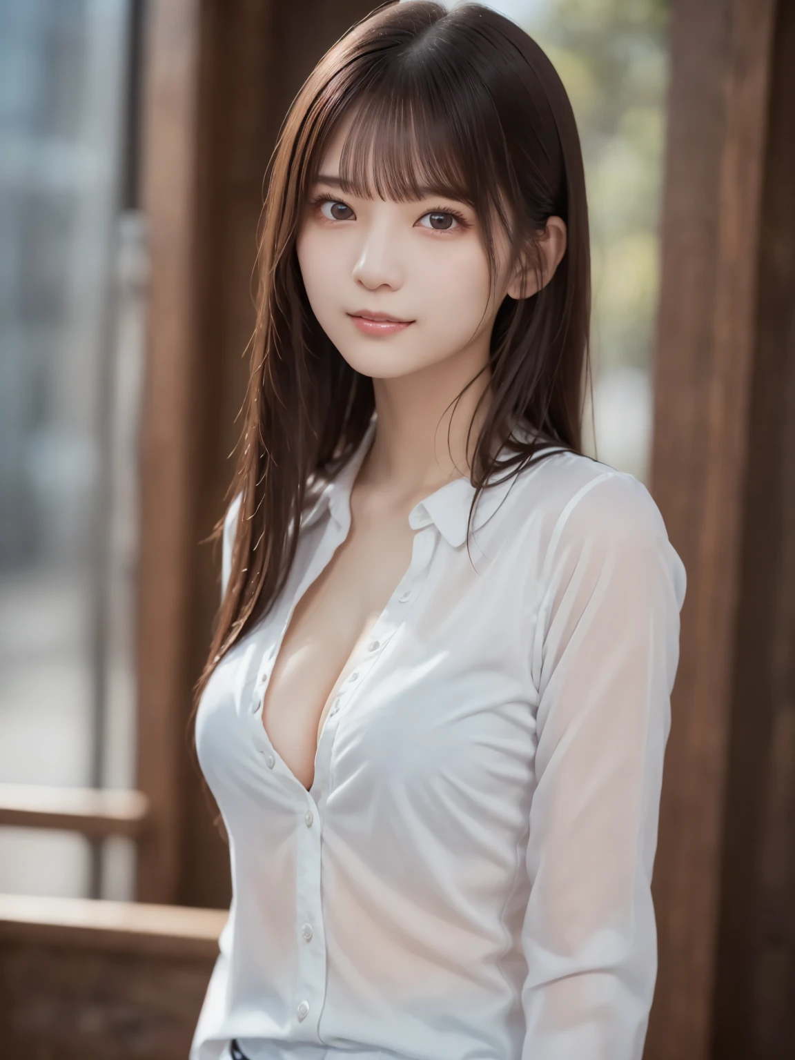 (Thin blouse : 1.5), Complex and beautiful eyes、woman, (back hand : 1.2)、(stand up : 1.2), Womanly black hair、(Delicate and realistic hair、1 bottle１Realistic hair)、bangs、Natural Color Lip、smile、((White indoor))、indoor、((18歳woman:1.2))、Young and adorable Japanese face, Official Art，Highly detailed CG Unity 8k wallpaper, (masterpiece : 1.0), (Best Quality : 1.0), 超High resolution,4K, Very detailed, photo shoot, 8k, High resolution, Kodak Portrait 400, Film Grain, Lens flare glow, 高いest quality ,8k, Portrait Shot, 8k、Show Viewer, (((Front View))), ((Facing))、Body facing forward、Bold cleavage、Firm breasts、Small face, ((Bare legs))、Highest quality、Super beautiful images, yellow race, (upper body : 2.0), (Medium firm breasts : 1.1)