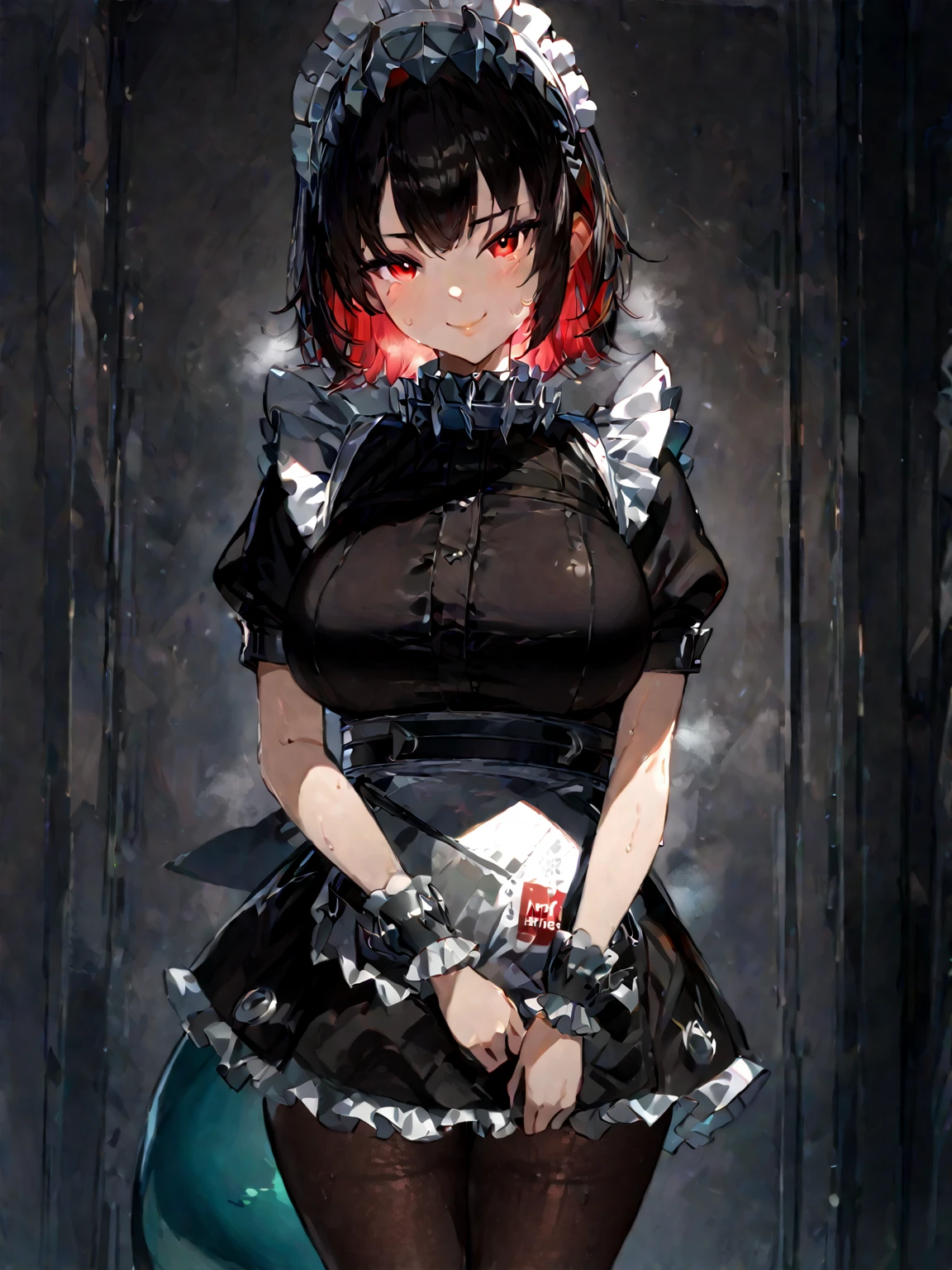 Ellen Joe, maid, shark tail, (shark girl:0.5), 1girl, red eyes, tail, pantyhose, multicolored hair, black footwear, short sleeves, apron, wrist cuffs, maidheaddress,pretty face,highly detailed eyes,highly detailed face,highly detailed lips,face focus,cowboy shot,standing,contrapposto,light and shadow,steaming body,sweat all over,
1girl, solo,looking at viewer,smile,(furrowed eyebrows),
big breasts,perky breasts,illustration,manga,anime,(anatomically correct),Life drawing,masterpiece,great mosu