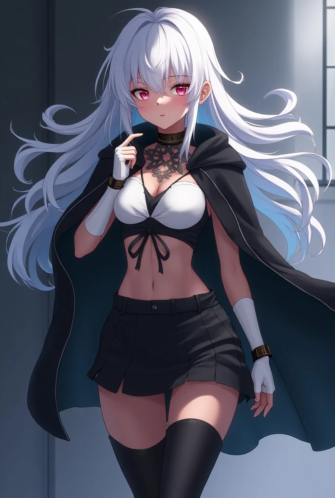 1girll, Leaning on the man, Large breasts, Solo, Black pants, White crop top, White jacket, long whitr hair, navel, red color eyes, cropped shoulders, Side breasts, jewelry, Earrings, Open clothes, White hair, cleavage, laughingly, cropped shoulders, 鎖骨, Sleeveless