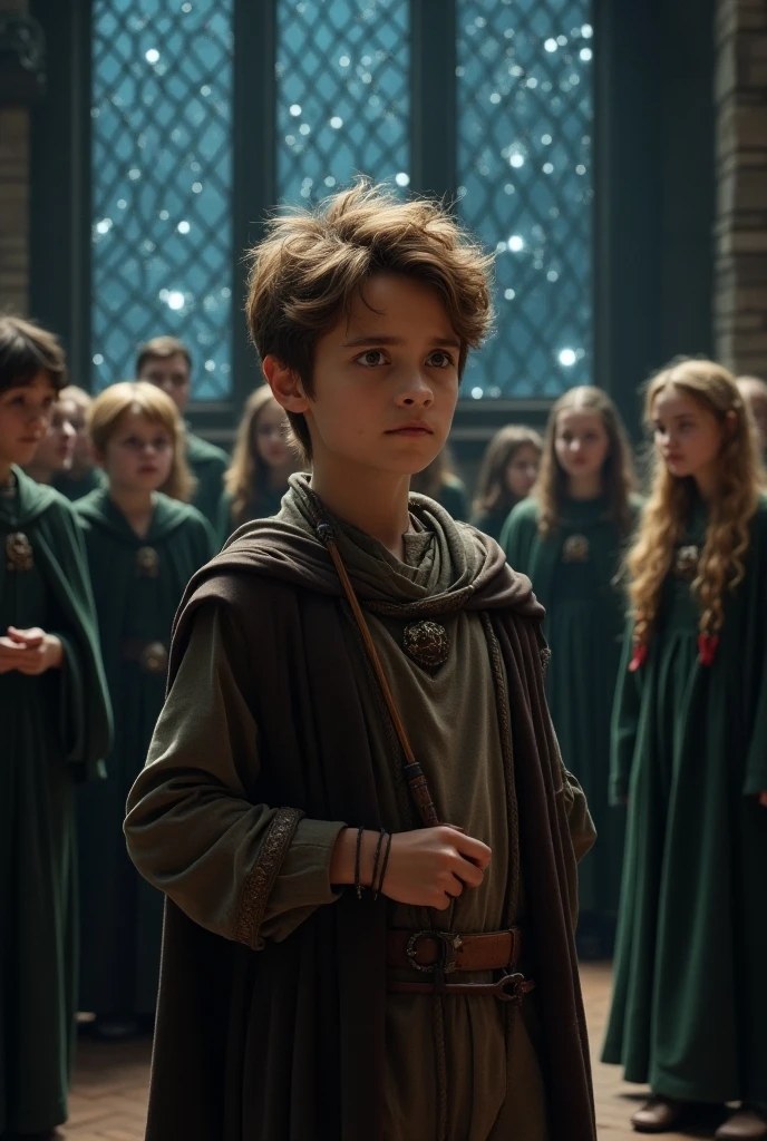 A Slytherin boy with brown hair, a bun, and effeminate clothing.