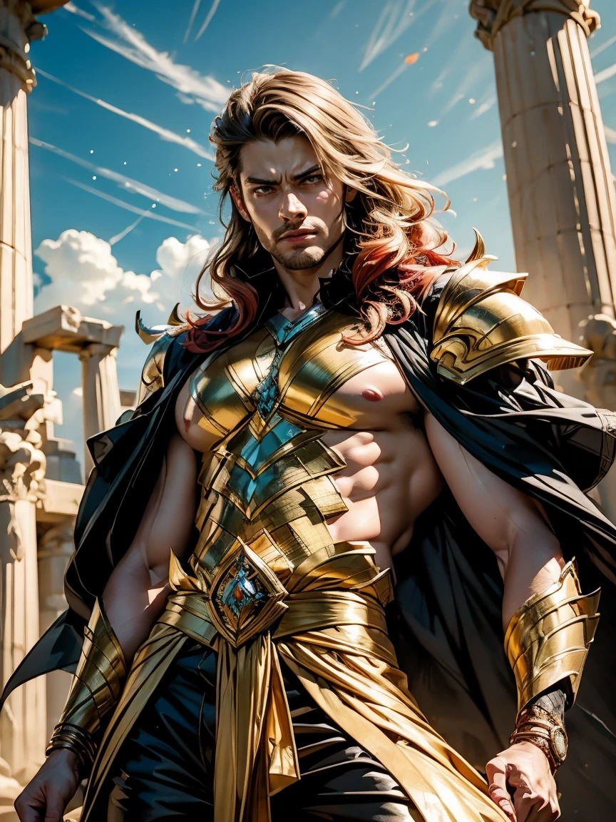 [Character Thor from the anime 'Records of Ragnarok'] [3D anime style] Anime, A 2 young man, tall and muscular, wearing a long white tunic that covers only part of the body, in a style that resembles the robes of ancient Greeks. Below his tunic, he wears golden armor on his legs, giving him a celestial appearance. Her long red hair, [Verbetter very vivid] Straight hair, a strand of her hair covers half of her face, almost reaching the ground, contrast with her eyes with a black iris and light brown pupils [Dark Eye ball eyes]. In his hands he holds a marble handle with golden celestial adornments, he rests this handle on one of his shoulders. [Detailed face] The figure exudes power and divinity, with realistic details in 3D anime style, 8k, realistic, ultra realistic , the background of the image is blue, character concept art