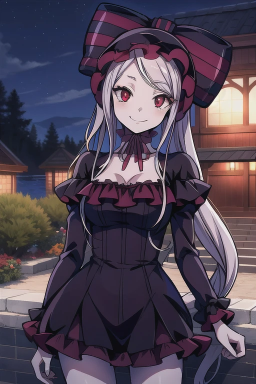 shalltear, shalltear, grey hair, long hair, (red eyes:1.3), silver hair,
BREAK black dress, bonnet, bow, dress, frilled dress, frills, large bow, long sleeves, vampire,
BREAK standing, 
BREAK smile,
BREAK cowboy shot, from front,
BREAK outdoor, garden,
BREAK (best quality, masterpiece, detailed:1.1), HD, (anime colored:1.1), (beautiful detailed eyes:1.4), extremely detailed face, perfect lighting, extremely detailed CG, (perfect hands, perfect anatomy),