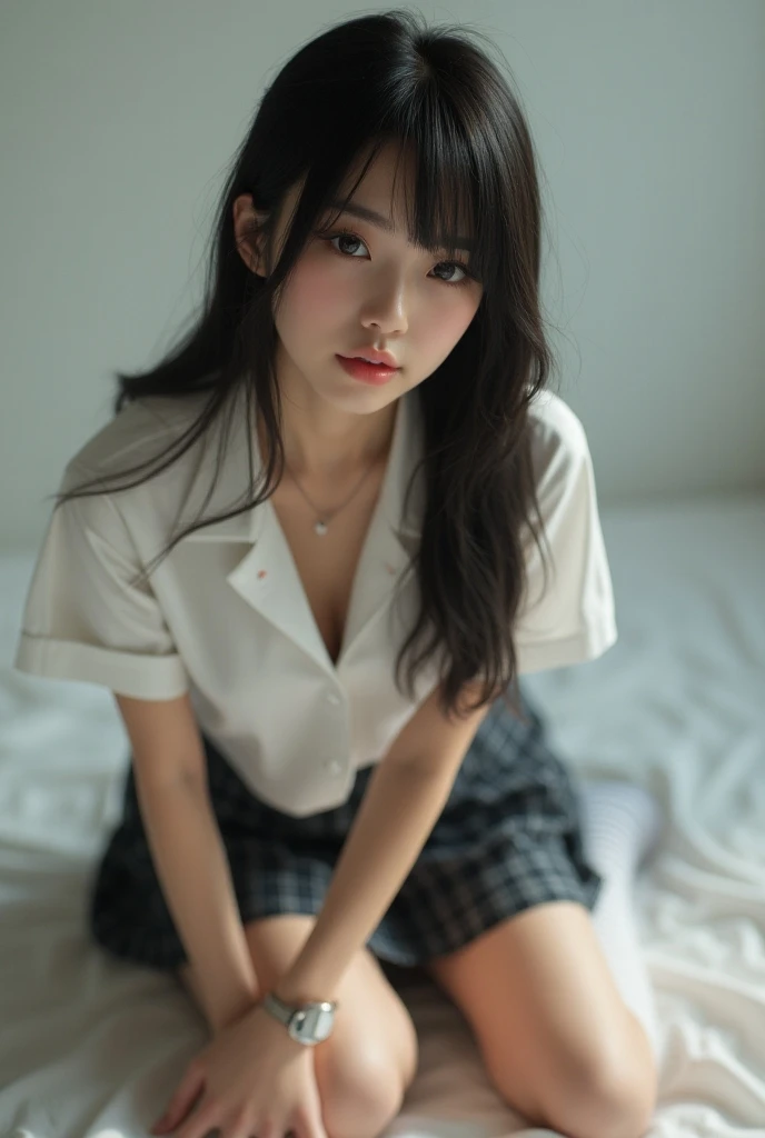 (tmasterpiece,k hd,hyper HD,4K)brunette color hair,20 years old Japanese girl,Uniform skirts,emphasizing thighs,whitethighhighs,soft thighs,Glossy thighs,Sitting on the train,Face-to-face perspective,(From the angle below),sitting in the train seat,sitting in front,Crotch zoom camera,Feet on the train floor,full bodyesbian,Head down and sleepy-eyed,looking at the viewer only", best qualtiy, hyper HD, (realisticlying:1.4),, A high resolution, the detail, RAW photogr, Sharp Re, Nikon D850 Film Stock Photo by Jefferies Lee 4 Kodak Portra 400 Camera F1.6 shots, Rich colors, ultra-realistic vivid textures, Dramatic lighting, Unreal Engine Art Station Trend, cinestir 800,huge tit,Blush