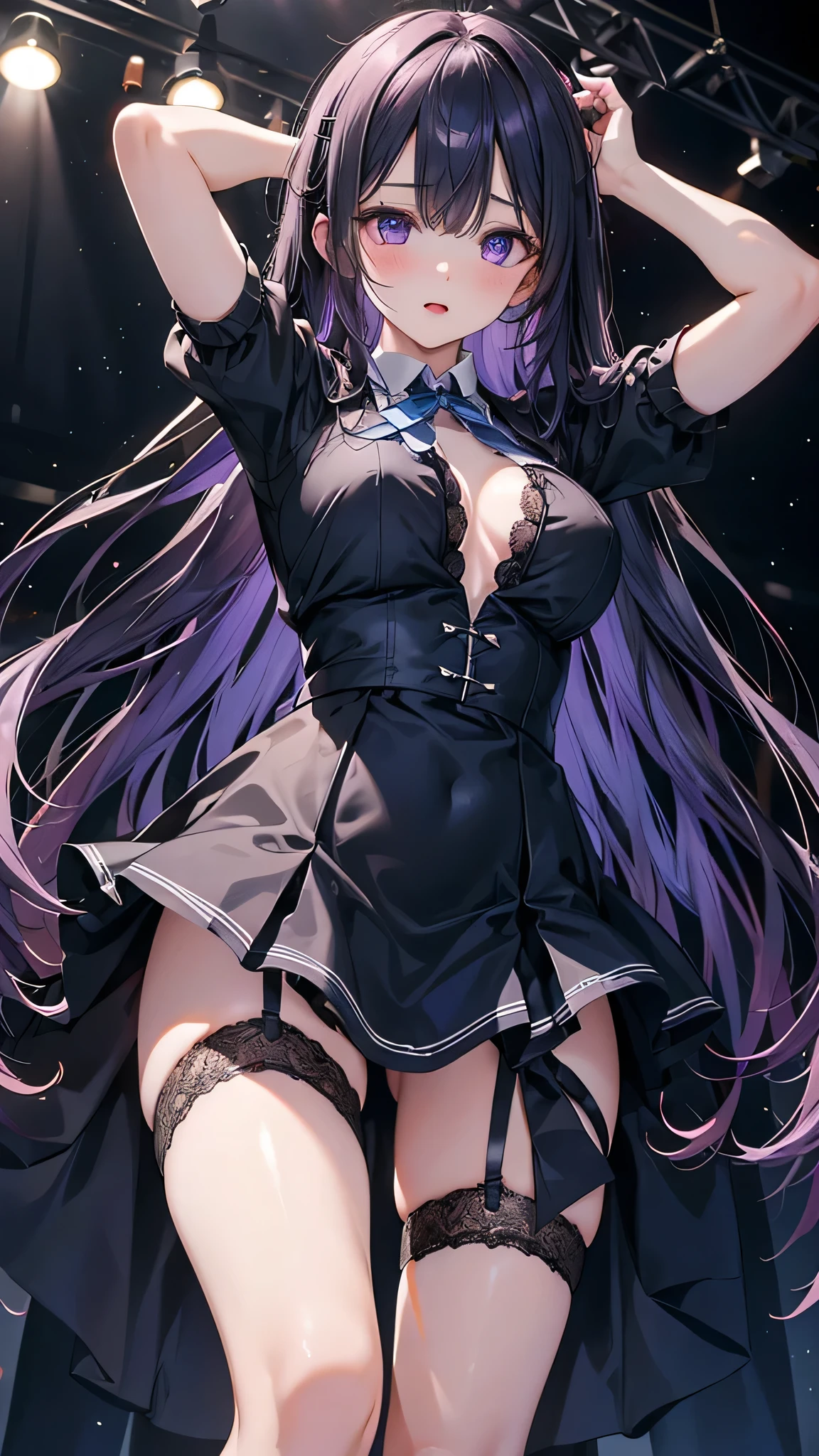 Best Quality, Highly Detailed, nsfw:1,purple hair,long hair,(panty focus:1),from below:1,(((flat chest:1))),(((small breast:1))),Strong winds:2,Skirt flip,white panty,Embarrassed face