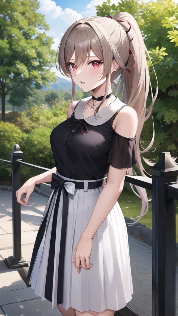 masterpiece, best quality, highres,fel1, white skirt, black shirt, hair ribbon, jewelry, ponytail, black choker, collarbone, bare shoulders, earrings, short sleeves, outdoors, standing,