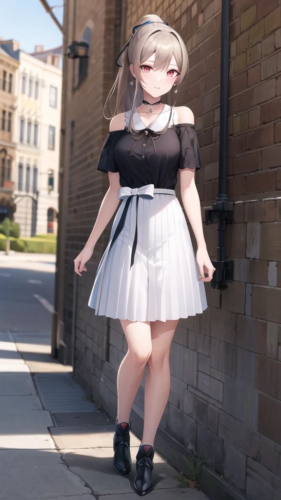 masterpiece, best quality, highres,fel1, white skirt, black shirt, hair ribbon, jewelry, ponytail, black choker, collarbone, bare shoulders, earrings, short sleeves, outdoors, standing,