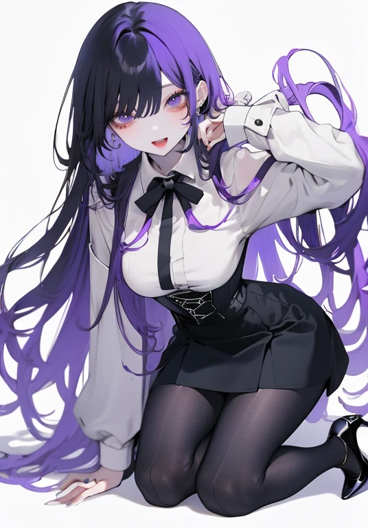  Purple Hair,long hair,Adult women,(suit),white y-shirt ,((Roll up your sleeves)),(corset),( Black Tight Skirt ),(High heels),The heel is visible,((  simple white background)),smile,((whole body)),((Full Body)), character sheet,