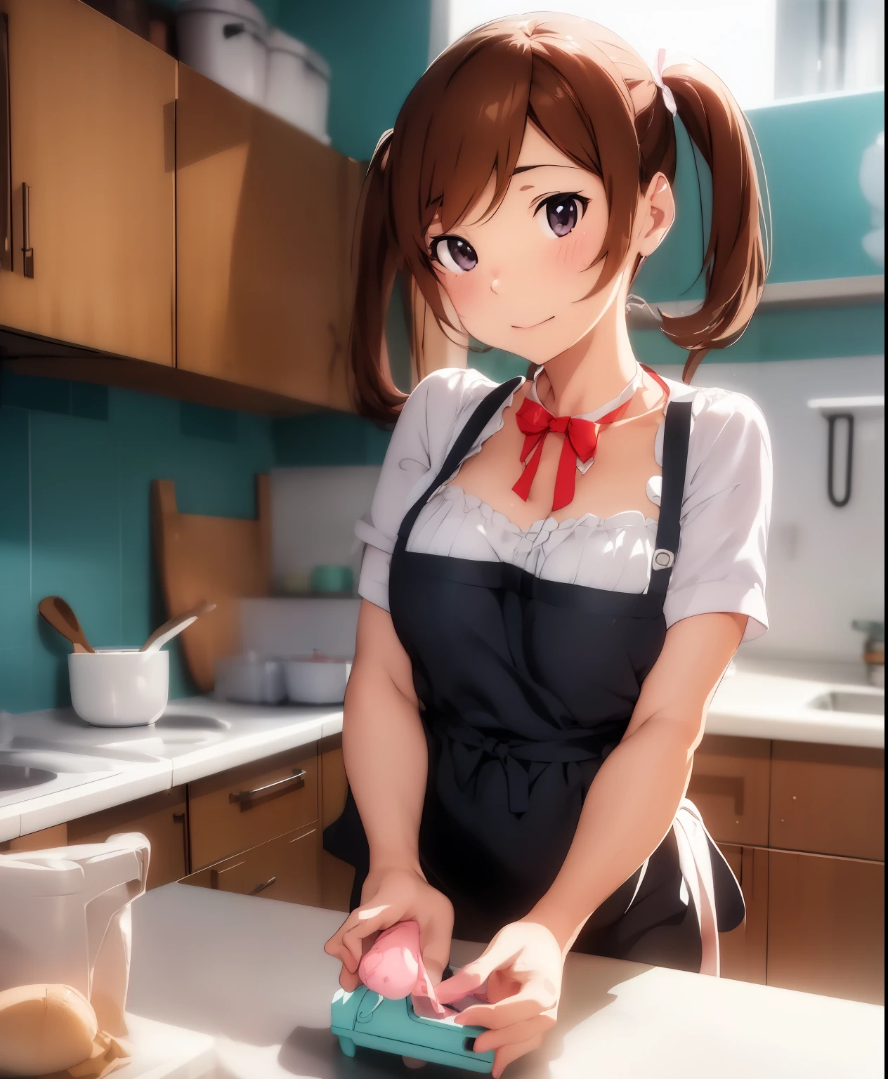 (masterpiece、Best Quality、Best Quality、Official Art、Beautiful and beautiful:1.2)、(One person:1.3),,kitchen、Cooking、 twin tails,Beautiful breasts,Cute Apron、A delicate 3D PVC model of a lovely young girl, viewers, Soft and smooth lighting, Soft pastel colors, 3D Icon Clay Render, 120mm lens, 3D Blender Rendering, Trending on Polycount, Modular Constructivism