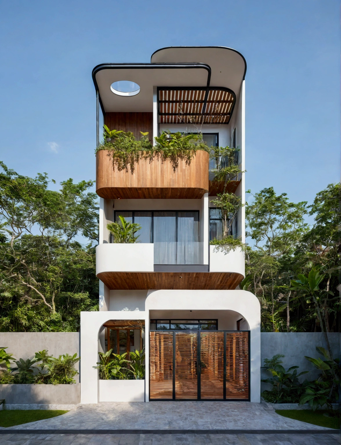 The house has 2 floors and 1 attic with a terrace. tall and narrow, modern design, steel gate and wooden details in harmonious color combination to flatter the eye. The outside is painted white, the front wall has many curves. Mix 6    outstanding colors with white as the main color. Outstanding colors combine in soft curves. The house has windows on all sides and (wooden and iron ceilings: 1,2). Materials include black steel and wood. The attic has a tree growing on the middle column in bright floral colors, blue and wood. Surrounded by tropical vegetation. The scene was shot from a 24mm perspective, with soft, natural lighting highlighting textures and materials, creating soft shadows that highlight the curves of the front wall and wooden details.