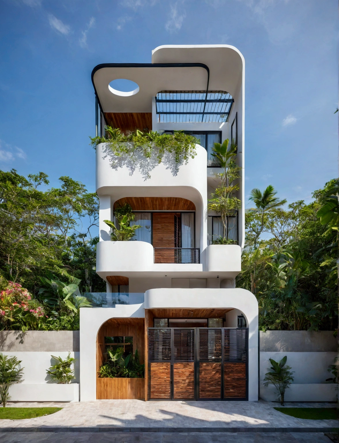 The house has 2 floors and 1 attic with a terrace. tall and narrow, modern design, steel gate and wooden details in harmonious color combination to flatter the eye. The outside is painted white, the front wall has many curves. Mix 6    outstanding colors with white as the main color. Outstanding colors combine in soft curves. The house has windows on all sides and (wooden and iron ceilings: 1,2). Materials include black steel and wood. The attic has a tree growing on the middle column in bright floral colors, blue and wood. Surrounded by tropical vegetation. The scene was shot from a 24mm perspective, with soft, natural lighting highlighting textures and materials, creating soft shadows that highlight the curves of the front wall and wooden details.