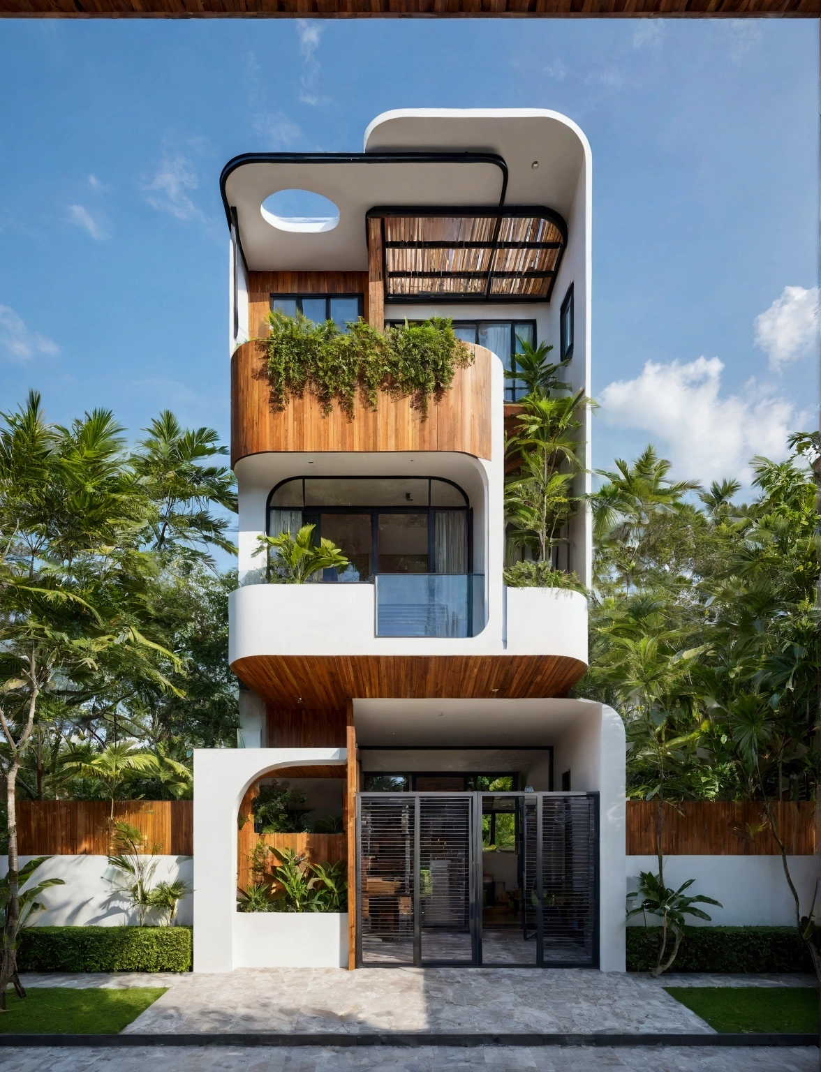 The house has 2 floors and 1 attic with a terrace. tall and narrow, modern design, steel gate and wooden details in harmonious color combination to flatter the eye. The outside is painted white, the front wall has many curves. Mix 6    outstanding colors with white as the main color. Outstanding colors combine in soft curves. The house has windows on all sides and (wooden and iron ceilings: 1,2). Materials include black steel and wood. The attic has a tree growing on the middle column in bright floral colors, blue and wood. Surrounded by tropical vegetation. The scene was shot from a 24mm perspective, with soft, natural lighting highlighting textures and materials, creating soft shadows that highlight the curves of the front wall and wooden details.