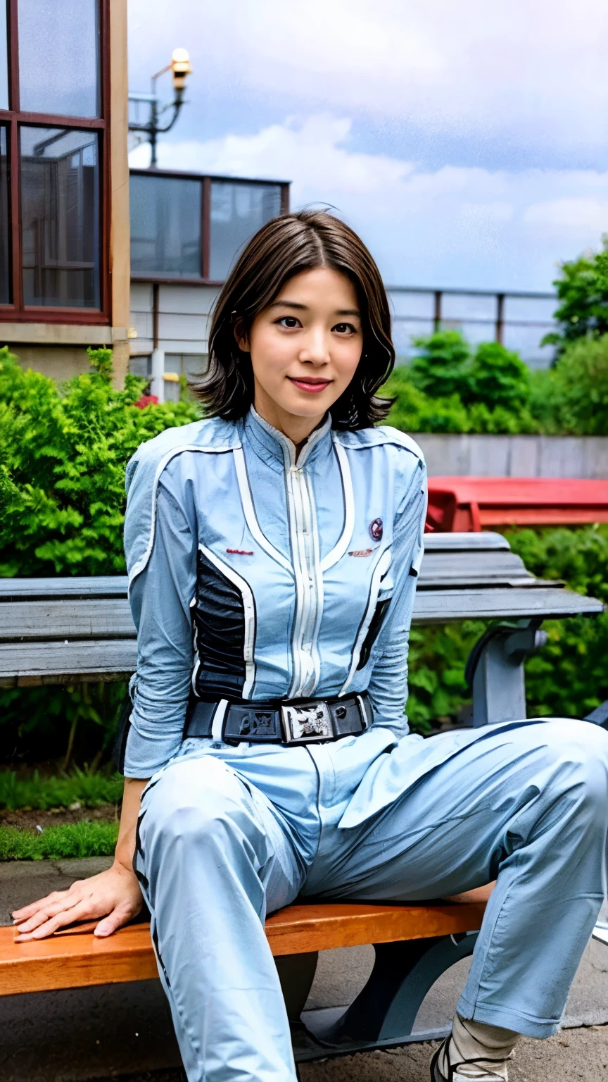 high resolution photograph of a Japanese woman, (best quality, masterpiece), (realistic, photo-realistic:1.2), RAW photo, intricate details, extremely detailed, cinematic lighting, full body,  solo, 1girl, Yuriko Ishida as Anne Yuri, beautiful lady, (slim and thin body, flat chest), white boots, dark hair, short hair, pale skin, (detailed eyes, detailed face, sophisticated nose),  (sitting with spread legs on a bench:1.5), (view from front, facing viewer:1.3) ,photo background, outdoors, public park, daytime, blue sky and clouds,