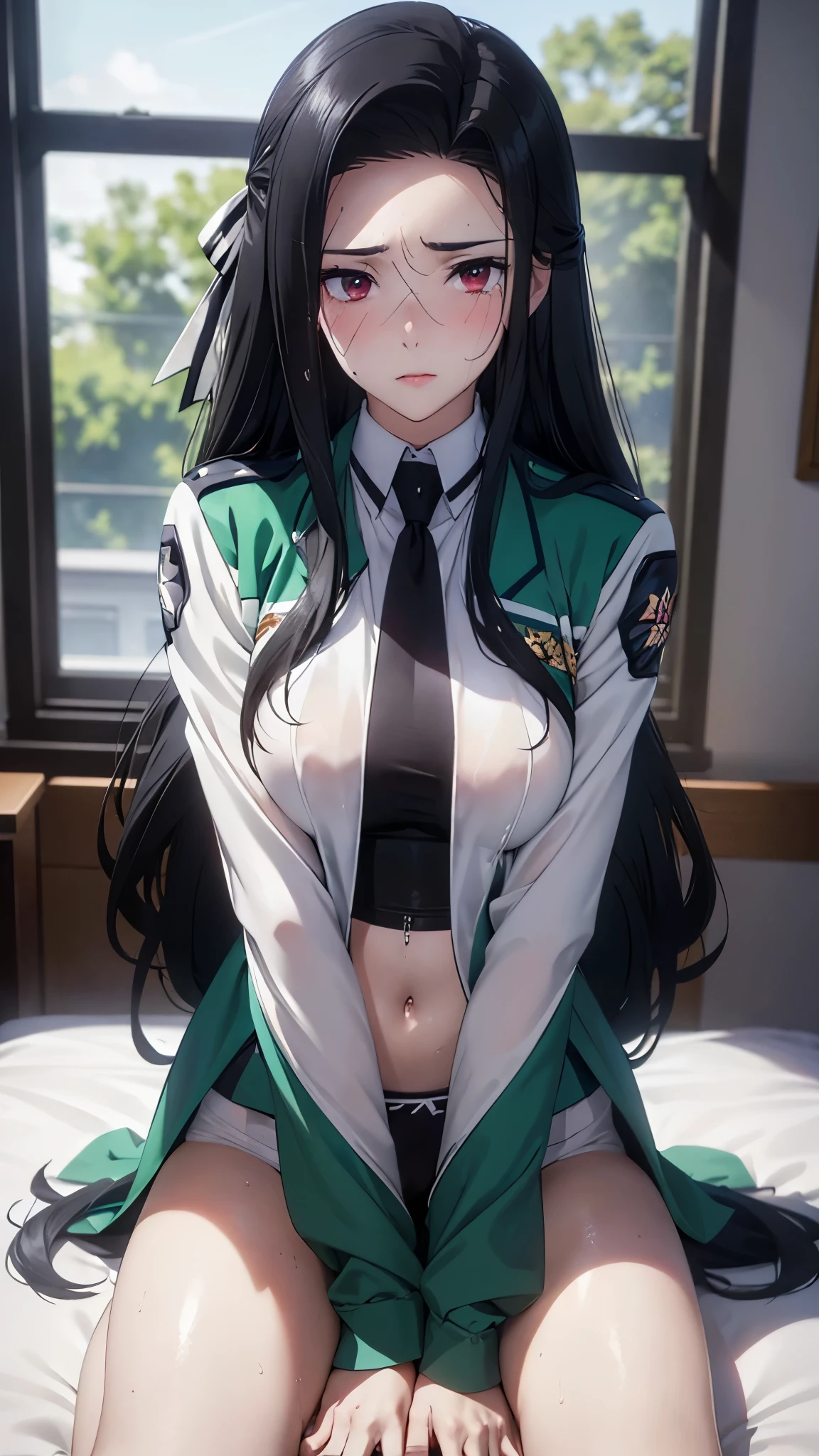 Mayumi Saegusa,Mayumi Saegusa, iris, Red eyes, eyelash,  Black Hair , Long Hair, back ribbon,  high school uniform  , Green jacket,   Cropped Jacket , open jacket, Long sleeve,  (masterpiece: 1.3), (Maximum resolution: 1.2), (Ultra HD TV: 1.2), Cinematic Light, 8k resolution,   Fine facial features  , (Sharp focus: 1.2）, ( FOCUS ON THE FACE :1.2), perfect style , Beautiful Face, Acura,   anatomically accurate,    wipe the floor with a wet cloth {x} highly detailed face and skin textures ,   beautiful eyes,  beautiful eyes, Thin eyebrows,  natural blush,   Glowing Skin ,  white skin: 1.2, (Glossy lips: 1.4),、 (  Embarrassed Expression : 1.2),   wipe the floor with a wet cloth {x} highly detailed face and skin textures ,  natural blush, , Glossy lips: 1.4, perfect style 、、Soft Breasts、（Semen on chest:1.6）（Cum on thighs 1.5）、 Semen overflows、Drenched in sweat、Wet clothes、、A humiliating look、  uneasy expression  、Frightened expression、  Embarrassed Expression 、Glare、anger、sorrow、tears、（Open your knees:1.5）、（Spread your legs:1.5）、 White underwear、Wrinkled clothes、 Sweaty 、Thin underwear、18 years old, A clean-cut woman,1 person、 full body portrait 、 Chest up,  Black Hair 、blue eyes、  beautiful eyes、Torn clothing、 Masturbation behavior 、  dim classroom  、 Look Away 、She is surrounded by completely naked men and has an erect penis、