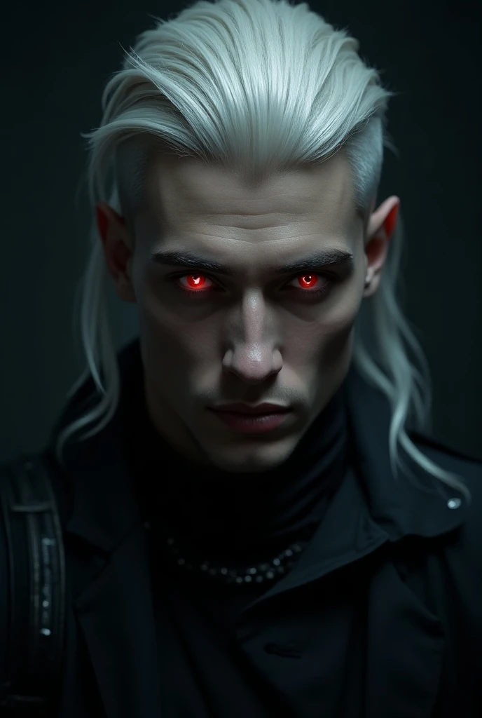 Insanely detailed photograph of a gorgeous vampyre man, gothic revival, far away, Voluminous white hair, intricate white eyes, Fantastic, vampyre, ethereal, hyperdetailed, 32k resolution, dynamic lighting, hyperdetailed, intrincately detailed, trends on ArtStation, triadic colors, volumetric lighting, Balenciaga style