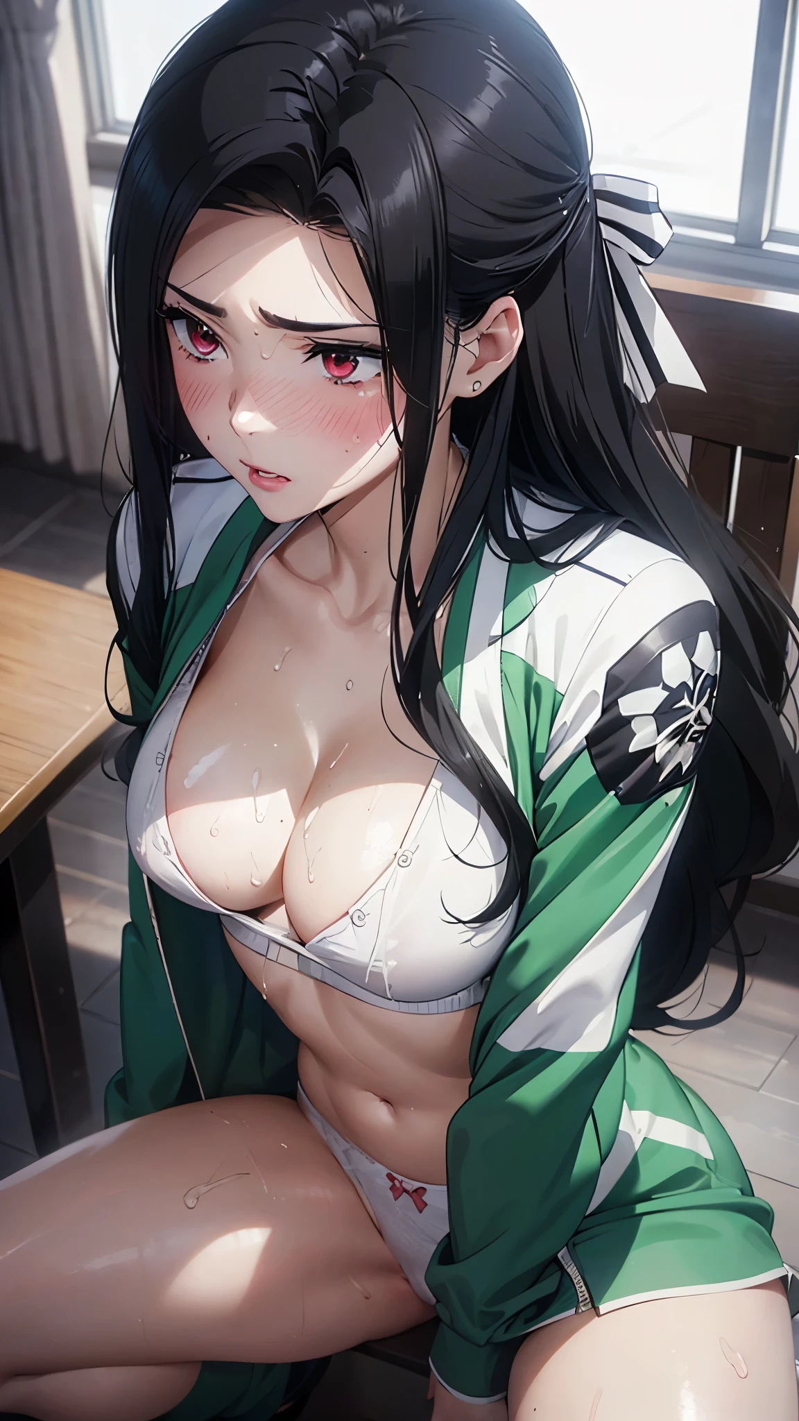 Mayumi Saegusa,Mayumi Saegusa, iris, Red eyes, eyelash,  Black Hair , Long Hair, back ribbon,  high school uniform  , Green jacket,   Cropped Jacket , open jacket, Long sleeve,  (masterpiece: 1.3), (Maximum resolution: 1.2), (Ultra HD TV: 1.2), Cinematic Light, 8k resolution,   Fine facial features  , (Sharp focus: 1.2）, ( FOCUS ON THE FACE :1.2), perfect style , Beautiful Face, Acura,   anatomically accurate,    Highly Detailed Face and Skin Textures ,   beautiful eyes,  beautiful eyes, Thin eyebrows,  natural blush,   Glowing Skin ,  white skin: 1.2, (Glossy lips: 1.4),、 (  Embarrassed Expression : 1.2),   Highly Detailed Face and Skin Textures ,  natural blush, , Glossy lips: 1.4, perfect style 、、Soft Breasts、（Semen on chest:1.6）（Cum on thighs 1.5）、 Semen overflows、Drenched in sweat、Wet clothes、、A humiliating look、  uneasy expression  、Frightened expression、  Embarrassed Expression 、Glare、anger、sorrow、tears、（Open your knees:1.5）、（Spread your legs:1.5）、 White underwear、Wrinkled clothes、 Sweaty 、Thin underwear、18 years old, A clean-cut woman,1 person、 full body portrait 、 Chest up,  Black Hair 、blue eyes、  beautiful eyes、Torn clothing、 Masturbation behavior 、  dim classroom  、 Look Away 、She is surrounded by completely naked men and has an erect penis、
