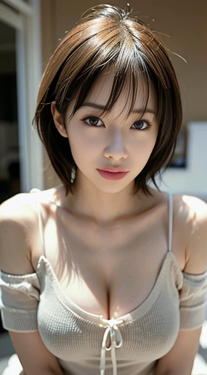 masterpiece,  1 BEAUTIFUL GIRL , Detailed eyes、Swollen eyes、Best Quality, 超A High Resolution , (reality: 1.4), Cinema Lighting、Japanese、Asian Beauty、Super Beauty、Beautiful Skin、slender、 body facing forward 、(Surreal)、( High Resolution )、(8k)、( very detailed)、(Best Illustration)、(beautiful Detailed eyess)、(Super detailed)、 (wallpaper)、Detailed face、Bright lighting、 professional lighting 、 Stares at Viewers 、 STANDARD ID PHOTO COMPOSITION 、( Off Shoulder Knit Dress)、 46 point oblique bang、Night view。 short light brown hair、 Has a Protruding Tongue 、Crotch shot、、weaning、Big Breasts