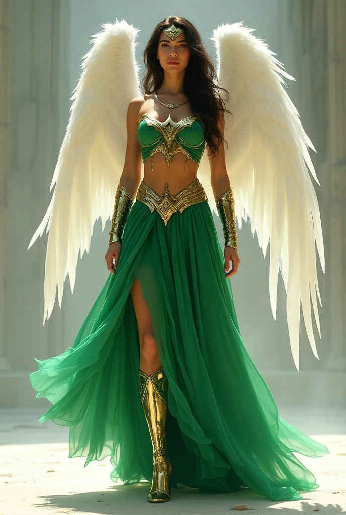 Under the mantle of the Thanagarian warrior Shayera Holl, aka Hawkgirl, Adriana Lima wears a falcon-headed helmet with a beak on her head covering half her face. , With her large bird wings protruding from her back and a yellow vest with green pants and red and gold boots, Justice League DC Universe