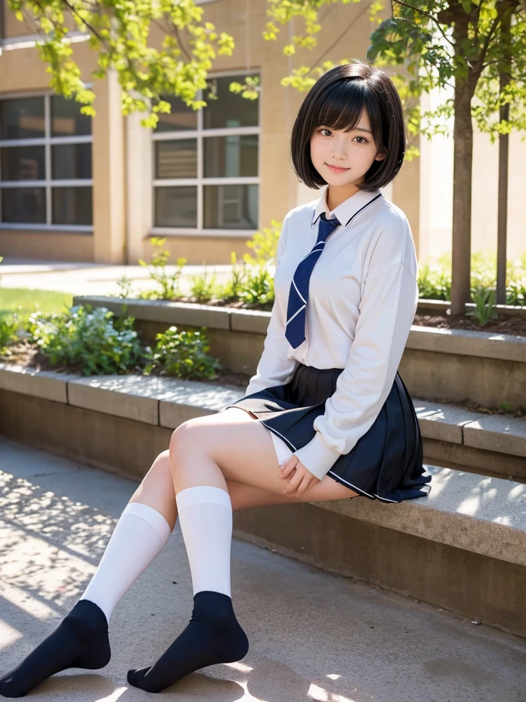 Pure Japanese school girl, sexual temptation, outstanding body, beautiful legs, natural short hair, wearing uniform, panty, sweet smile, sitting on bench, refreshing in early summer park, composition from the front, 