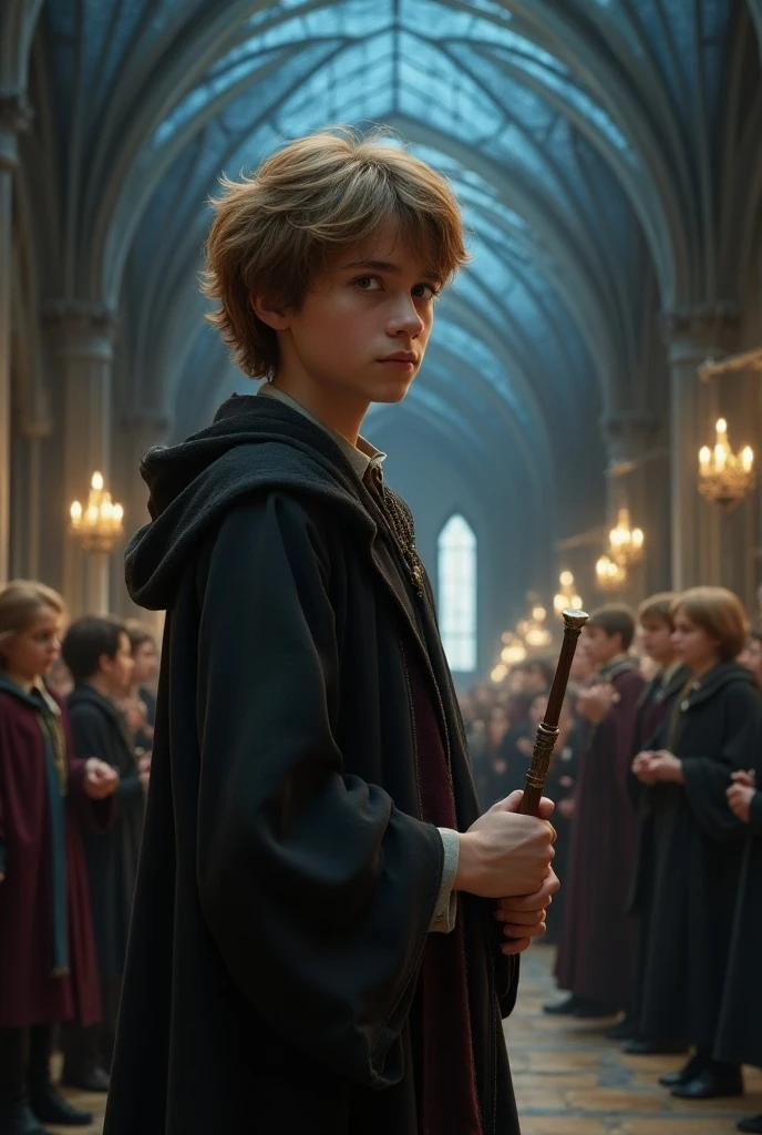 A handsome 1 boy wearing a black cloak, blonde hair, holding a 12-inch long wand in Hogwarts School.
