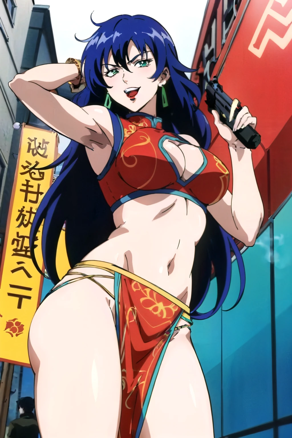 1girl,,retro artstyle,1990s \(style\),shan,blue hair,green eyes,lipstick,long hair,earrings,makeup, evil grin,, long hair, earrings, red lips, large breasts, ear piercing, long hair, blush, lipstick,Hot girl, baddie, smoking, sensual, attractive , masterpiece, best quality, highly detailed, a anime girls in china dress with navel cutout , navel
cutout, crop top, china dress, ecchi anime style, evil smile, open mouth, smile, anime girls, ecchi
style, ecchi, digital anime art!!, in anime style, official artwork, (nsfw) not safe for work, beautiful
anime girl, anime style 4 k, pelvic curtain, exposed belly, exposed navel, exposed midriff, exposed
lower belly, holding a gun, chinatown, holding pistol,outdoor,street,road