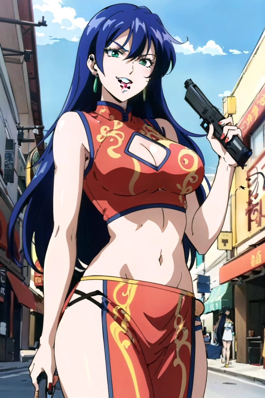 1girl,,retro artstyle,1990s \(style\),shan,blue hair,green eyes,lipstick,long hair,earrings,makeup, evil grin,, long hair, earrings, red lips, large breasts, ear piercing, long hair, blush, lipstick,Hot girl, baddie, smoking, sensual, attractive , masterpiece, best quality, highly detailed, a anime girls in china dress with navel cutout , navel
cutout, crop top, china dress, ecchi anime style, evil smile, open mouth, smile, anime girls, ecchi
style, ecchi, digital anime art!!, in anime style, official artwork, (nsfw) not safe for work, beautiful
anime girl, anime style 4 k, pelvic curtain, exposed belly, exposed navel, exposed midriff, exposed
lower belly, holding a gun, chinatown, holding pistol,outdoor,street,road