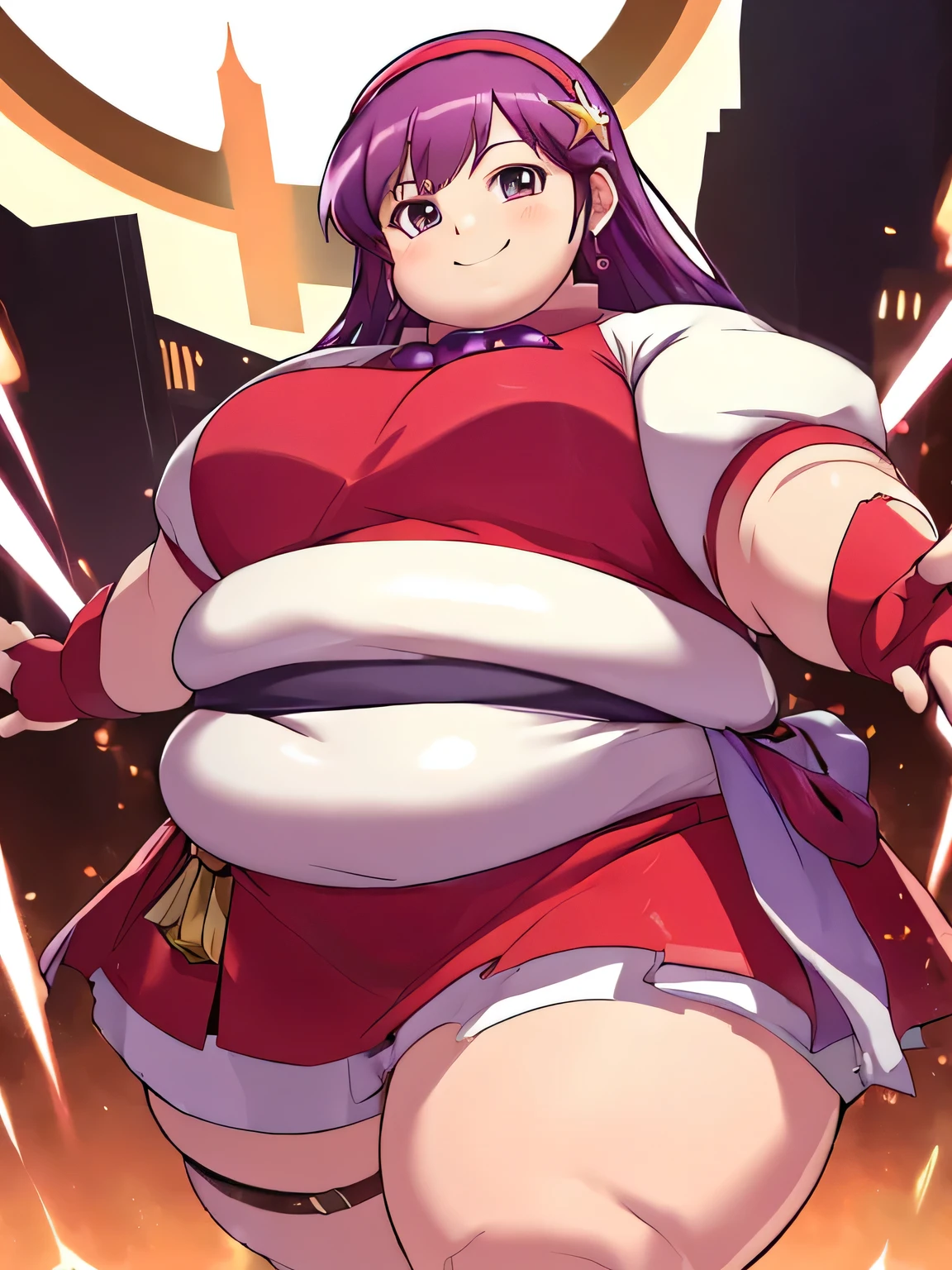 ((masterpiece,best quality)), absurdres,
Obese Athena_Asamiya, fat body
solo, smiling, looking at viewer, cowboy shot, 
cinematic composition, dynamic pose,