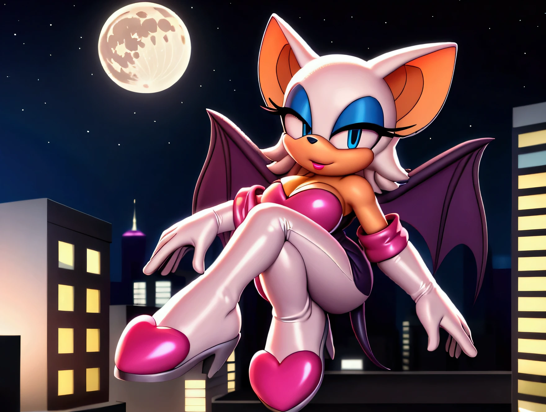 Rouge the bat,Fly over the city at night,blue eyes,Large moon in the background ,full body.