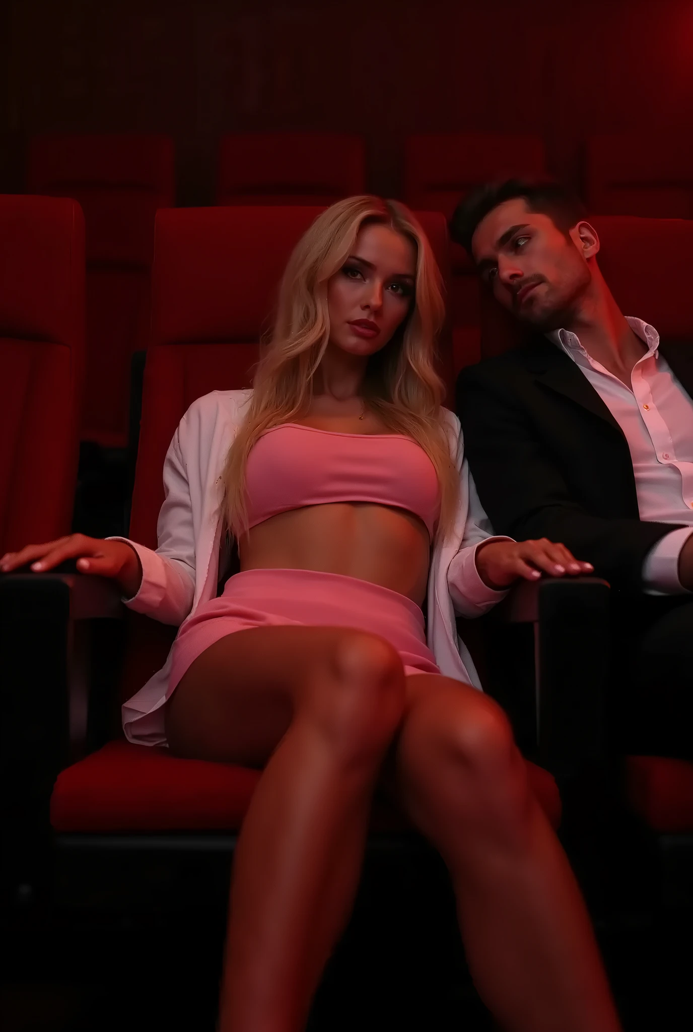 Woman, blonde, smiling, toned body, 21 years old , perfect body, fit body, perfect small breasts, perfect face, beautiful, (((pissing, piss, peeing, urine, urination, urinating))), (short tight red dress, slutty, cleavage), (sitting in movie theater, ((crowded, crowd))), best quality,extremely detailed,soft light,soft shadows, soft backlighting,(best image,best quality:1.5)