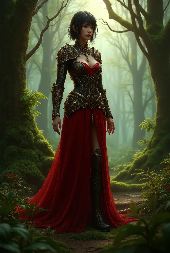 (master piece:1.5), (best quality:1.5), (exquisite lighting and shadow, highly dramatic picture, cinematic lens effect) (Photorealistic picture) (Card game image) 8k, wallpaper, dynamic pose, full body white serpent lady, half serpent lady, red eyes, dark forest background, highly detailed, realistic, cinematic lighting, studio quality