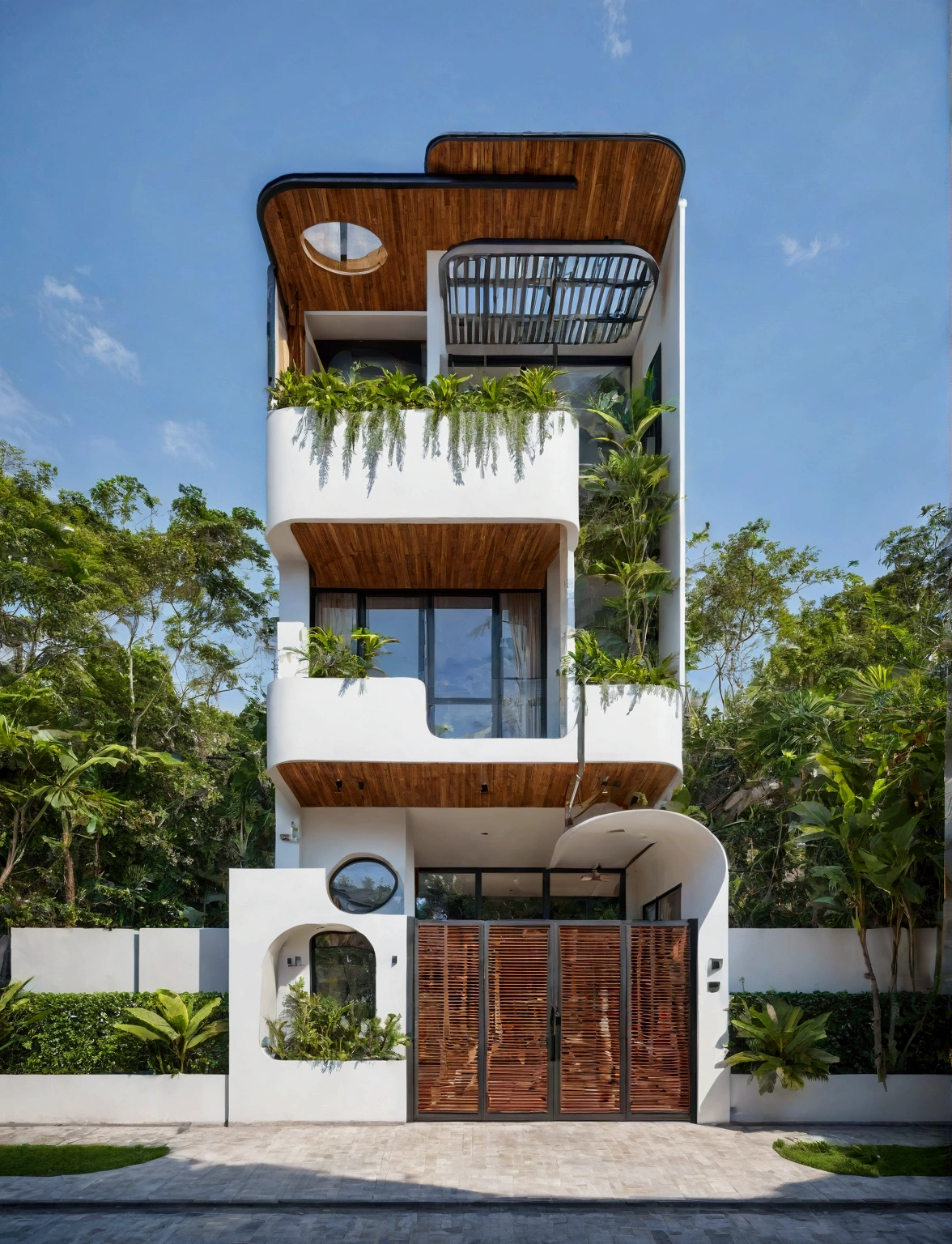 The house has 2 floors and 1 attic with a terrace. tall and narrow, modern design, steel gate and wooden details in harmonious color combination to flatter the eye. The outside is painted white, the front wall has many curves. Mix 6    outstanding colors with white as the main color. Outstanding colors combine in soft curves. The house has windows on all sides and (wooden and iron ceilings: 1,2). Materials include black steel and wood. The attic has a tree growing on the middle column in bright floral colors, blue and wood. Surrounded by tropical vegetation. The scene was shot from a 24mm perspective, with soft, natural lighting highlighting textures and materials, creating soft shadows that highlight the curves of the front wall and wooden details.