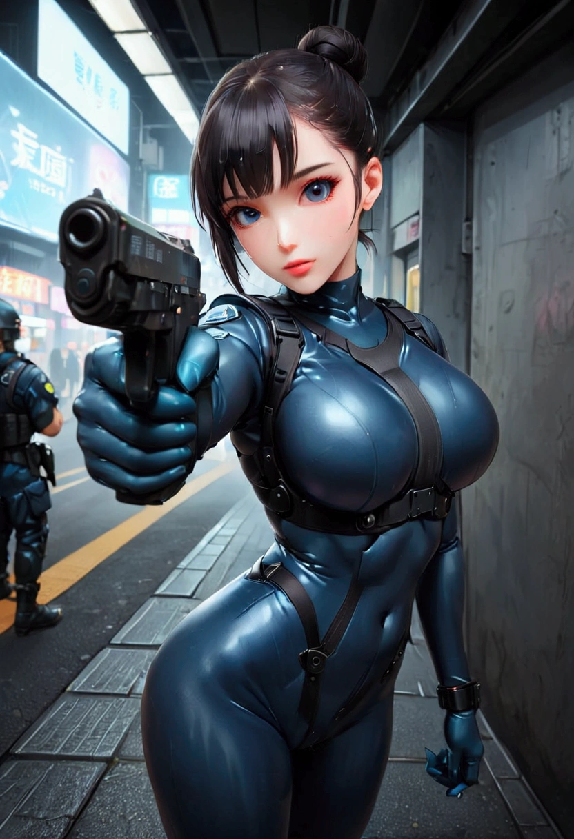 sci-fi city riot with humanoid aliens, beautiful Asian cyberpunk girl wearing a revealing police riot uniform holding a baton, nude, topless, thong, jacket, handcuffs, pistol in holster, police riot helmet, standing next to a police riot android, quad drills, mask, longeyelashes, cat ear headphones, evil smile, makeup, parted lips, angry, masterpiece, ccurate, anatomically correct, textured skin, high details, best quality, 8k, highres, award winning, masterpiece, anatomically correct, super detail, award winning, best quality, 16k