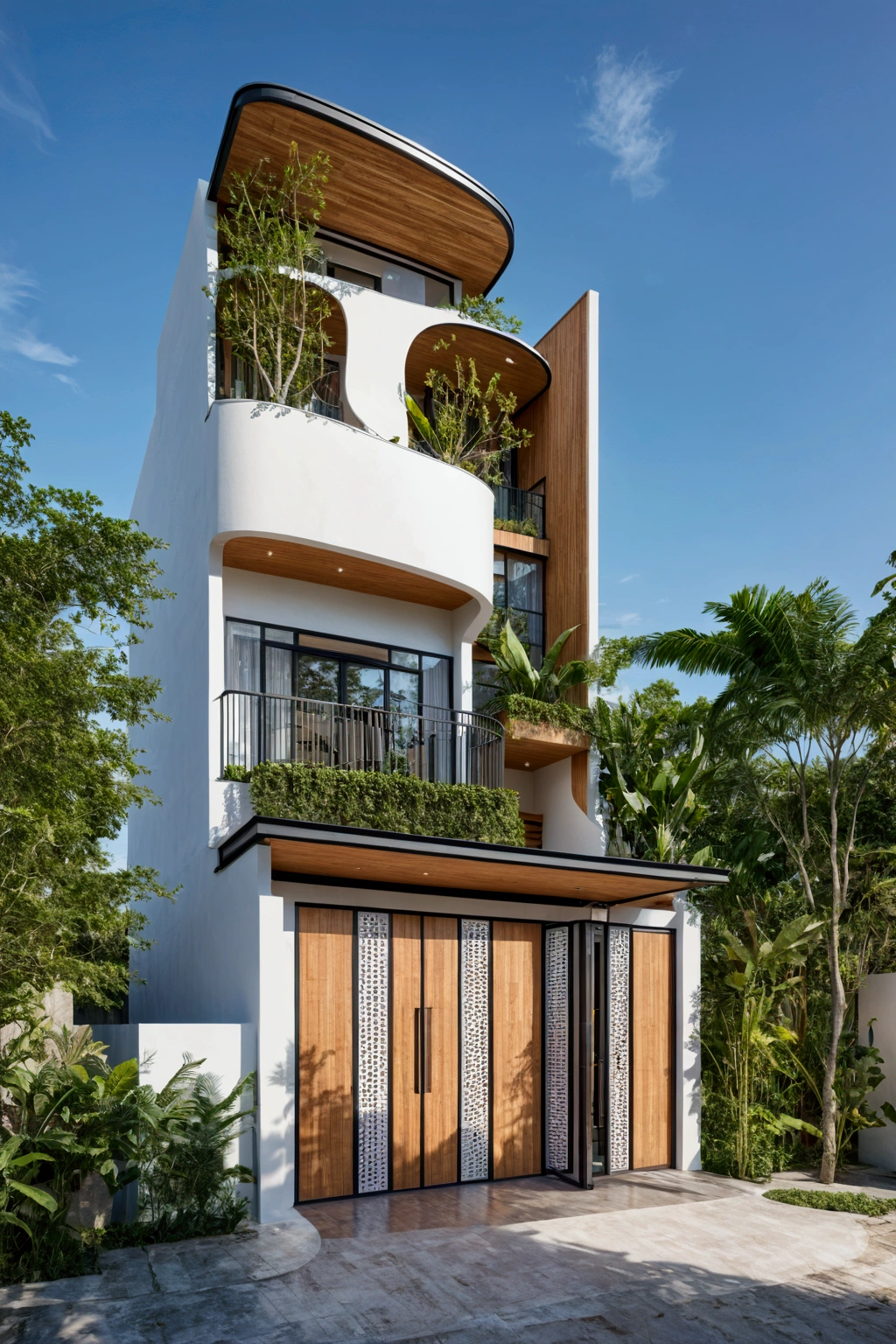 The house has 2 floors and 1 attic with a terrace. tall and narrow, modern design, steel gate and wooden details in harmonious color combination to flatter the eye. The outside is painted white, the front wall has many curves. Mix 6    outstanding colors with white as the main color. Outstanding colors combine in soft curves. The house has windows on all sides and (wooden and iron ceilings: 1,2). Materials include black steel and wood. The attic has a tree growing on the middle column in bright floral colors, blue and wood. Surrounded by tropical vegetation. The scene was shot from a 24mm perspective, with soft, natural lighting highlighting textures and materials, creating soft shadows that highlight the curves of the front wall and wooden details.