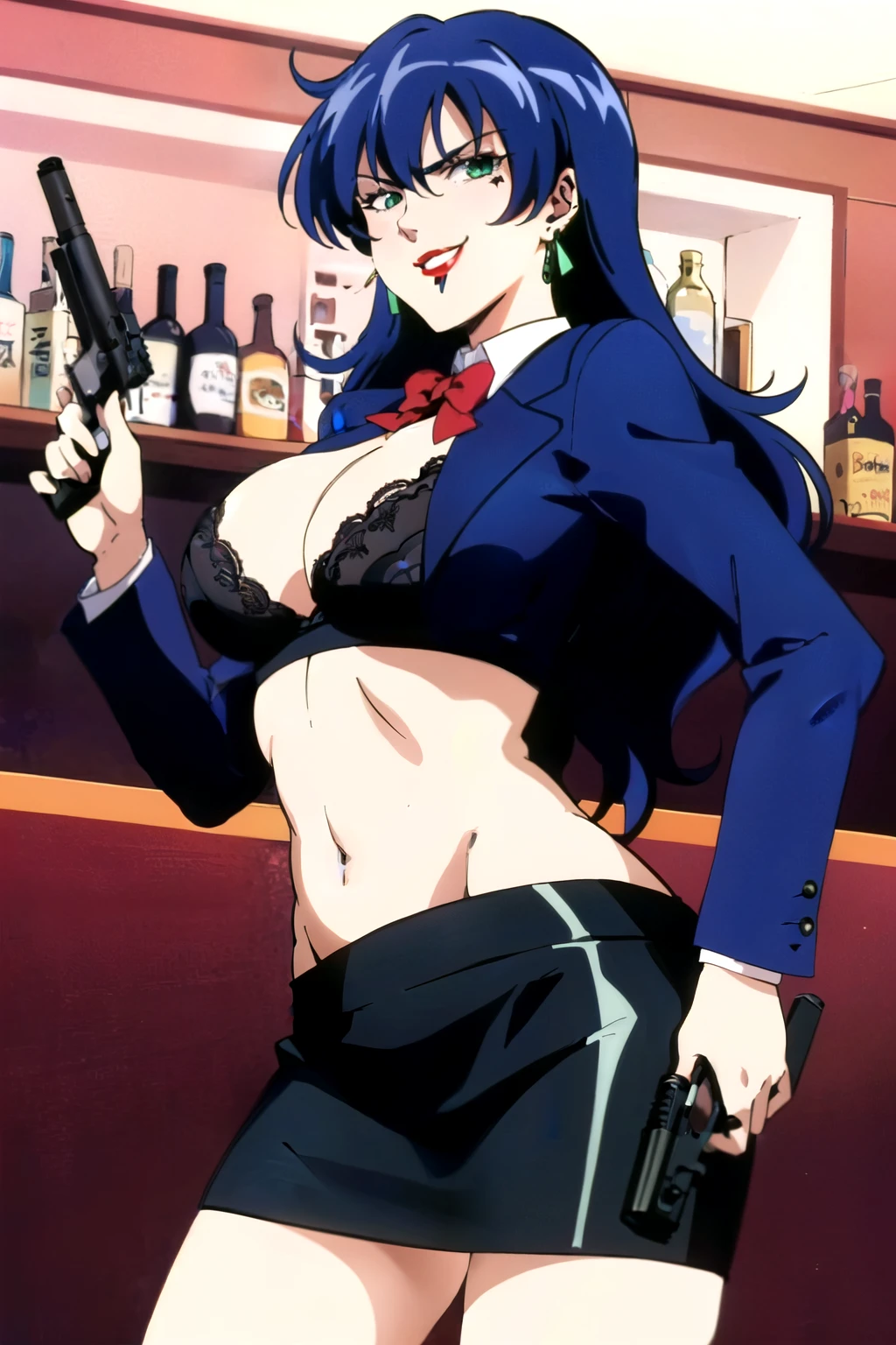 1girl,,retro artstyle,1990s \(style\),shan,blue hair,green eyes,lipstick,long hair,earrings,makeup, evil grin,, long hair, earrings, red lips, large breasts, ear piercing, long hair, blush, lipstick,Hot girl, baddie, smoking, sensual, attractive , bar background, inside bar, masterpiece, best quality, highly detailed, a girls with a gun, open mouth, blazer, sexy gaze, (nsfw) not
safe for work, badass pose , evil smile, smile, black bra, anime girl with long hair, long haired girl,
navel, evil expression, exposed belly, exposed navel, exposed midriff, exposed lower belly, micro
miniskirt, micro pencil skirt, pencil skirt ,holding a gun, holding pistol