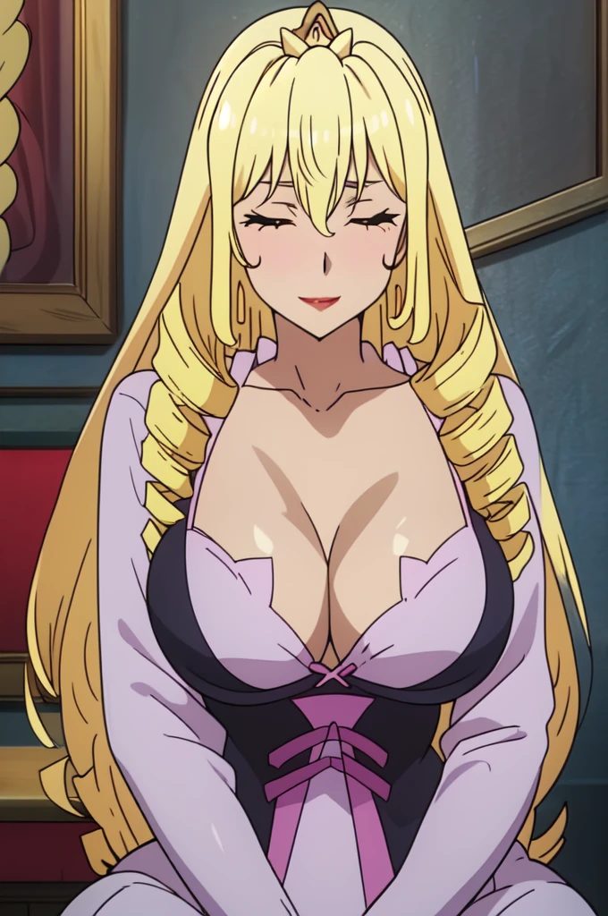 masterpiece, best quality, highly quality ,  Darkness lalatina,konosuba,Big breast,Golden bracelet,Half open eyes,Big pearl earring,Mature,((Cleavage)),long sleeve,(((diamond Wedding ring))),((Enchanced breast)),((Cross hairpin)),red color long nail,Blonde,Majestic mansion,Noble rings,modern anime quality,Tight thights,Konosuba anime artstyle,Swaying hips,light Eyeshadow,Colorless glossy Lipstic,flirty expression,Detailed face,Bare neck,pearl necklace,enourmous big breast,Mature,Milf,Corset,Long gown,horny expression,sorrowful expression,light Red lips,((Eyeshadow)),Detailed Rings,Detailed Necklace,corset,Soft smile,Hime cut bang,((thick Curly drill hair)),heavy make up,Madam,happy Smile,Red lips,Curvy figure,Plump,Thick lips,Thin purple dress,Light blue eyes,Happy expression,Long strand curly drill hair