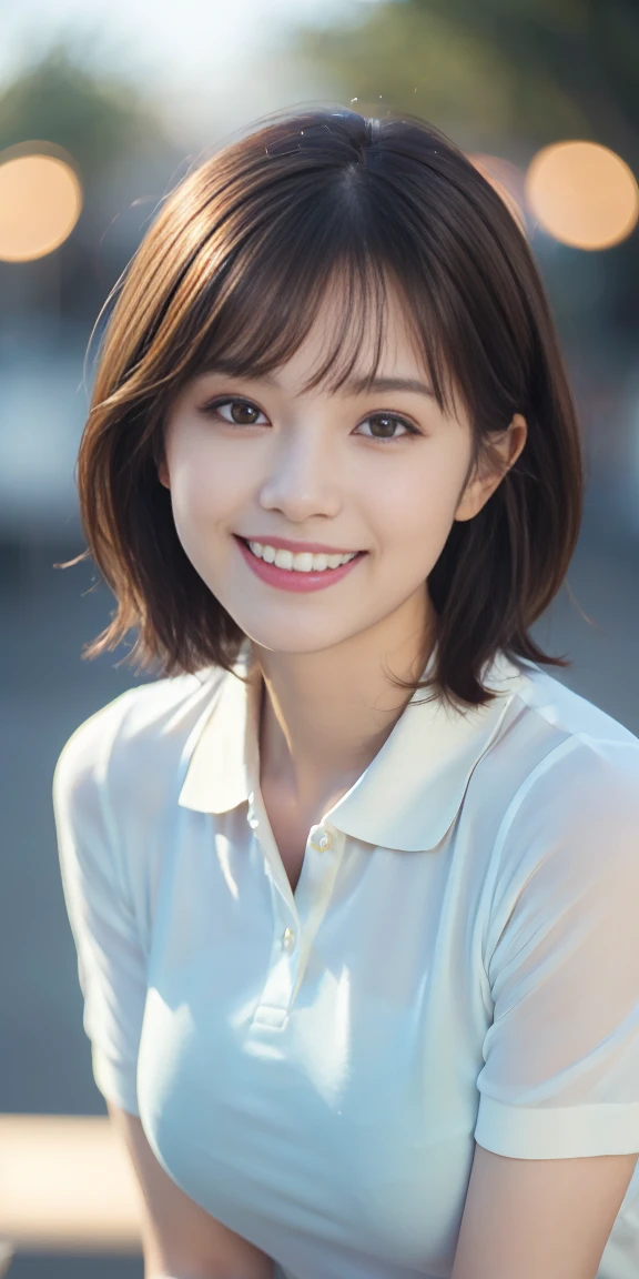 famous photo, Best Quality, High quality, Fine details, Fine eyes, delicated face, Photorealsitic, One girl, Beautuful Women, Smiling, a short bob, Dark hair,, Black business suit and white shirt, Front view, Green background