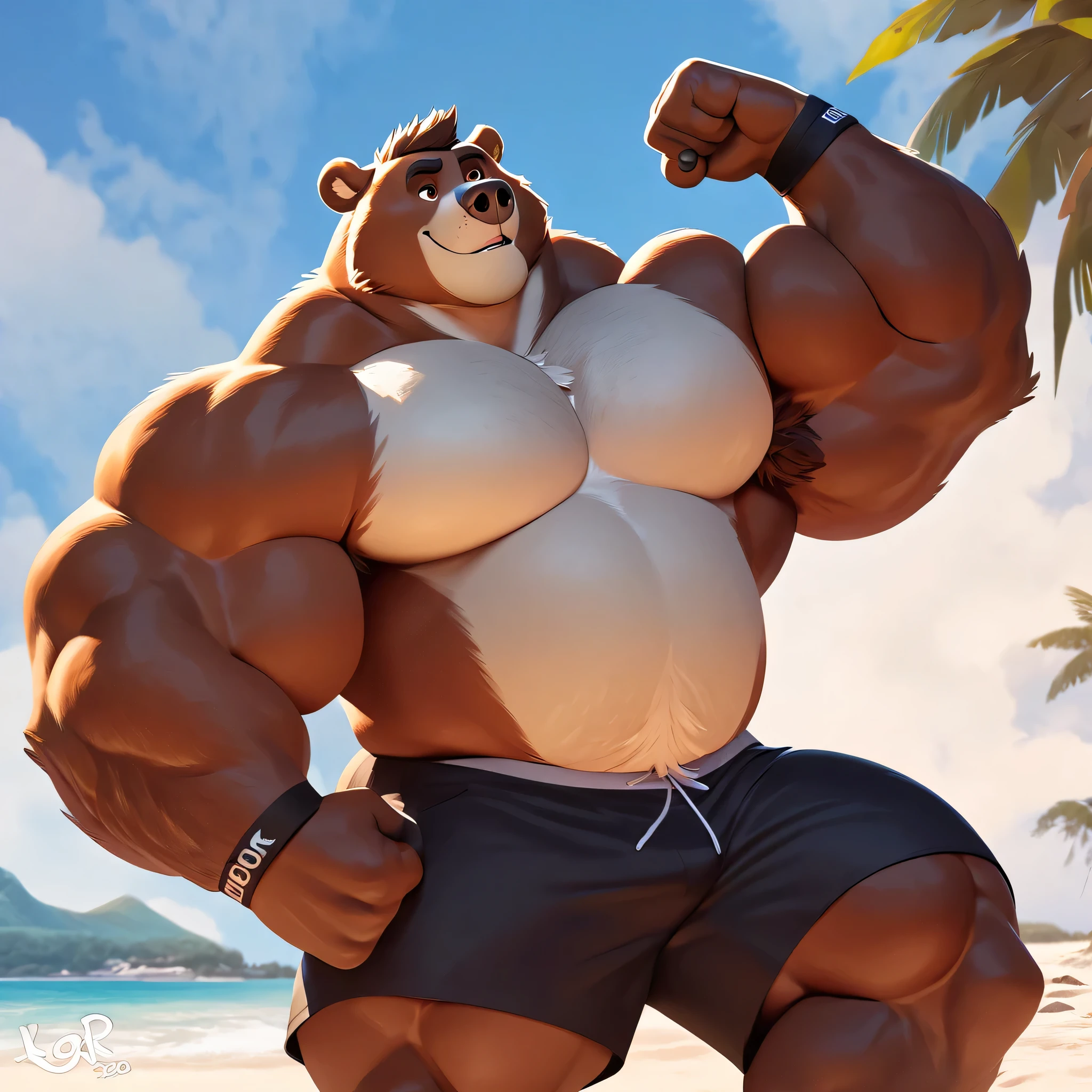 huge muscular kodiak bear in Tropical island beach, big grr, kodiak bear, huge brown fur, thick arm, huge arm, huge white fur, thick arm, huge arm, added brown mustache, added brown beard, short hair, height: 220cm, weight: 350lbs, (veiny bulked up muscular, pectoral, wide pectoral, thick bulky arms), Walt Disney 2D Zootopia Animation Art Style, detailed gray eyebrows, detailed eyes with red pupils, (wearing black shorts, wristbands, shirtless, topless and feet), bouncing his pecs, flexing his biceps and his thorax