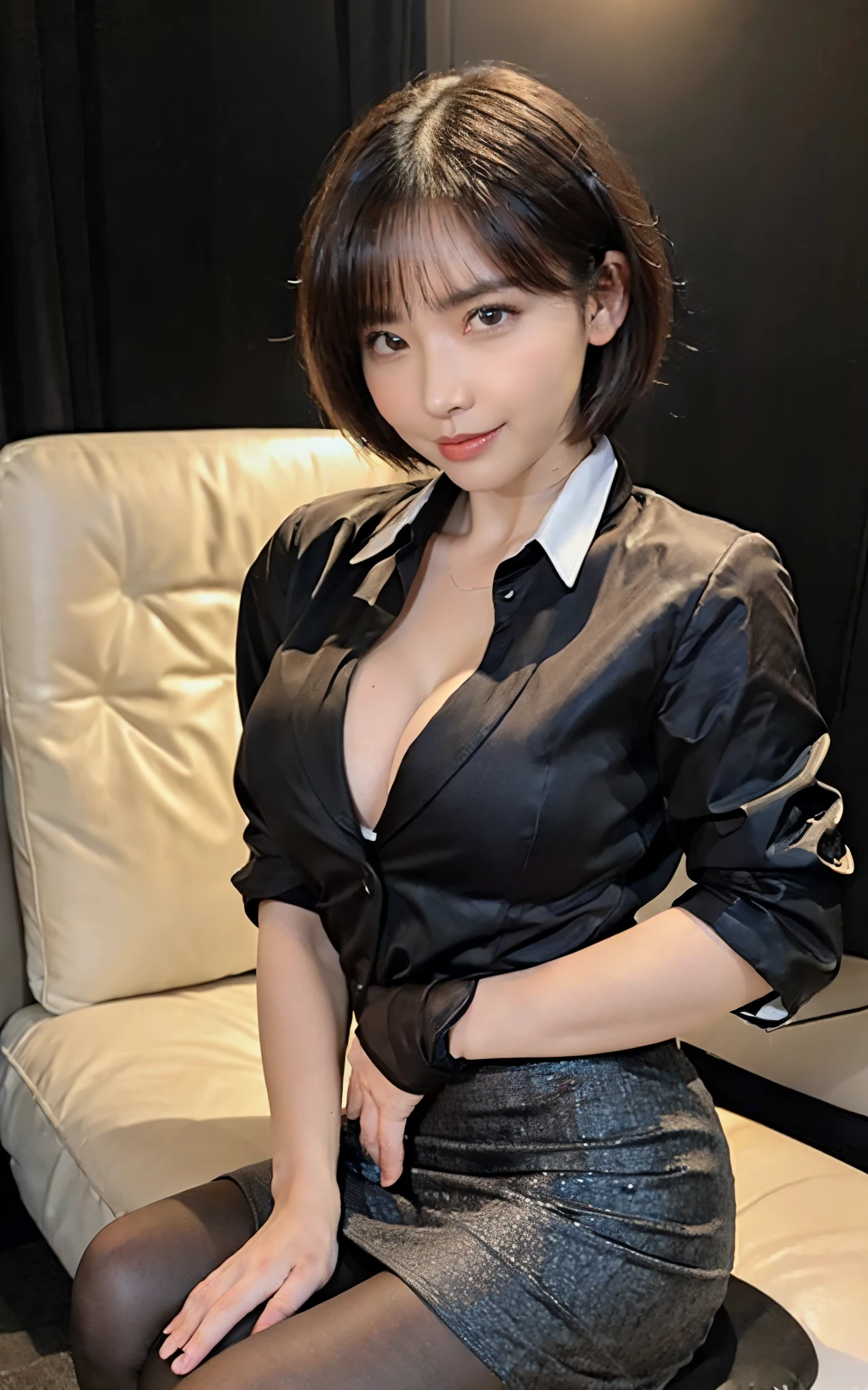 A composition that captures the whole body,（First from the bottom.5, Young Japanese female new employee, Black business suit set, (Black jacket, White shirt, Black Pencil Skirt, blown pantyhose), Arrogant look, (disdain, Single eyelid, Narrow eyes, Brown eyes, Thick and plump lips, Strong jaws), Cheeky, banned Black Hair, Big Breasts, attractive expression, dominatrix, female dominant, foot worship, goddess, New business person