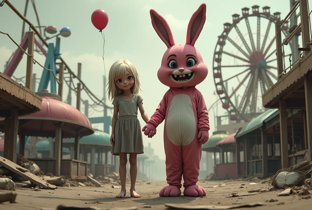 laughter, old, Torn, mascot costume pink rabbit with balloons and an despair face teen blonde girl with bare-foot are holding hands and looking at viewer in an very old, Desolate, Hurt, Broken Amusement Park  \( roller coaster, ferris wheel,  merry-go-round \),  Uneasy atmosphere , Horror Mood, landscape, 