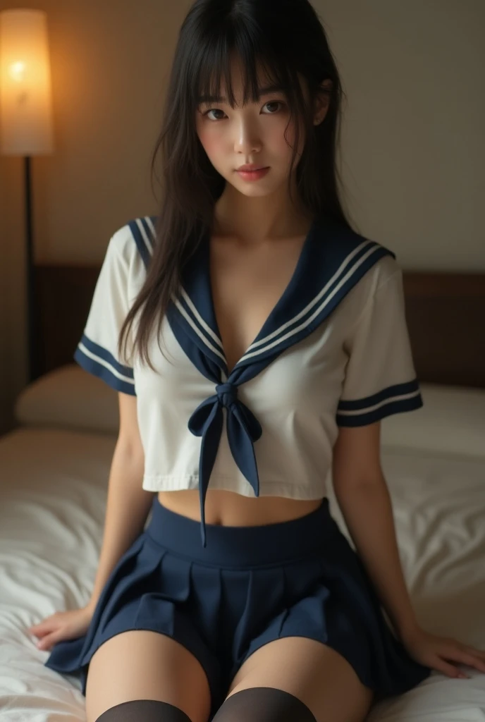 top-quality、​masterpiece、(1 girl),((lie on your back on the bed:1.4))), (on the bed) 、18 years old、realisticlying、Voluptuous body、large full breasts,Open legs、Has BROWN hair,((top-quality、8K、​masterpiece:1.3))、(NSFW:1.5),photorealistic, Superwoman、masterpiece,(school uniform,sailor suit,skirt:1.2),Only the upper body is naked,((make eye contact with the audience)),penis in pussy,full body