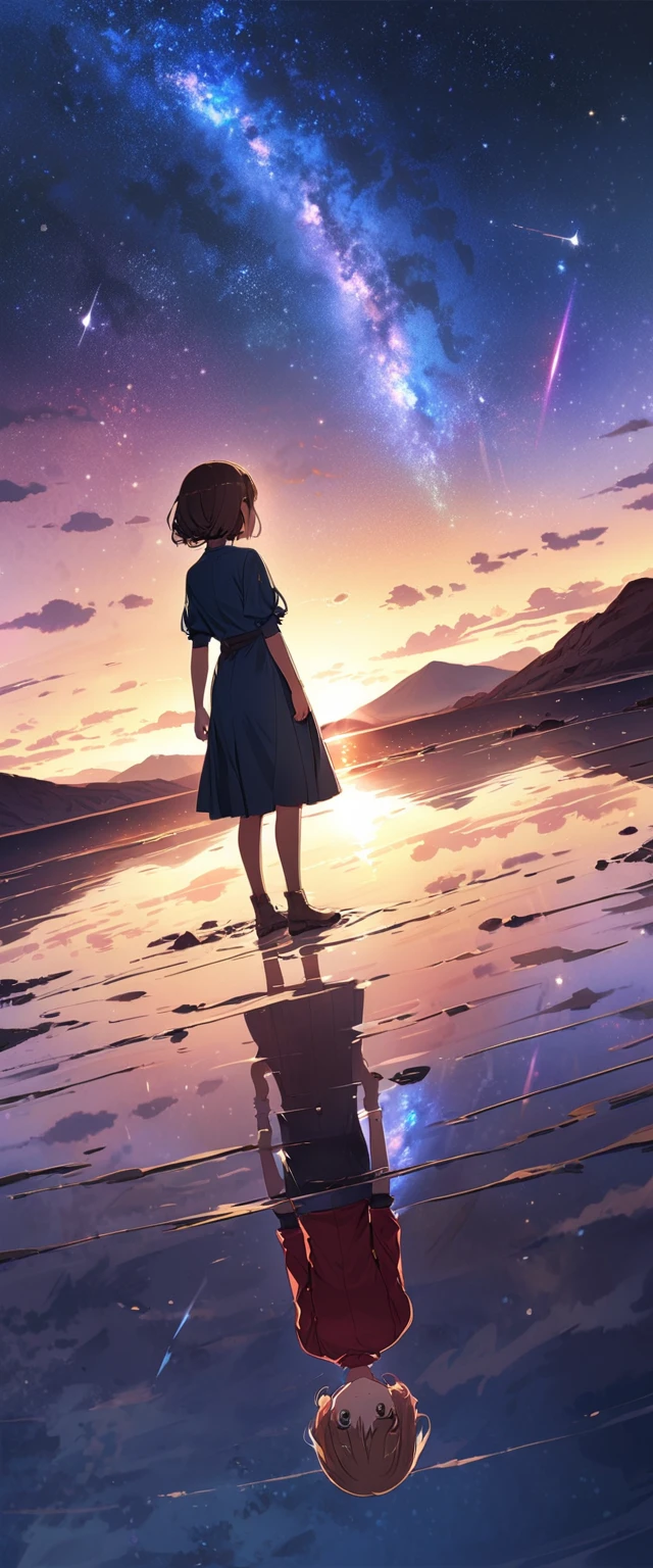 Official Art, Integrated 8K wallpapers,  very detailed,  masterpiece,  best image quality ，Ultra Wide Angle，night，woman，Standing by the salt lake，The water is like a mirror，Reflecting the sky,Look up at the sky，The Milky Way is in the sky， dynamic angle, Grace, Bright colors,Cute girl,（Bob hairstyle,Brown Hair）