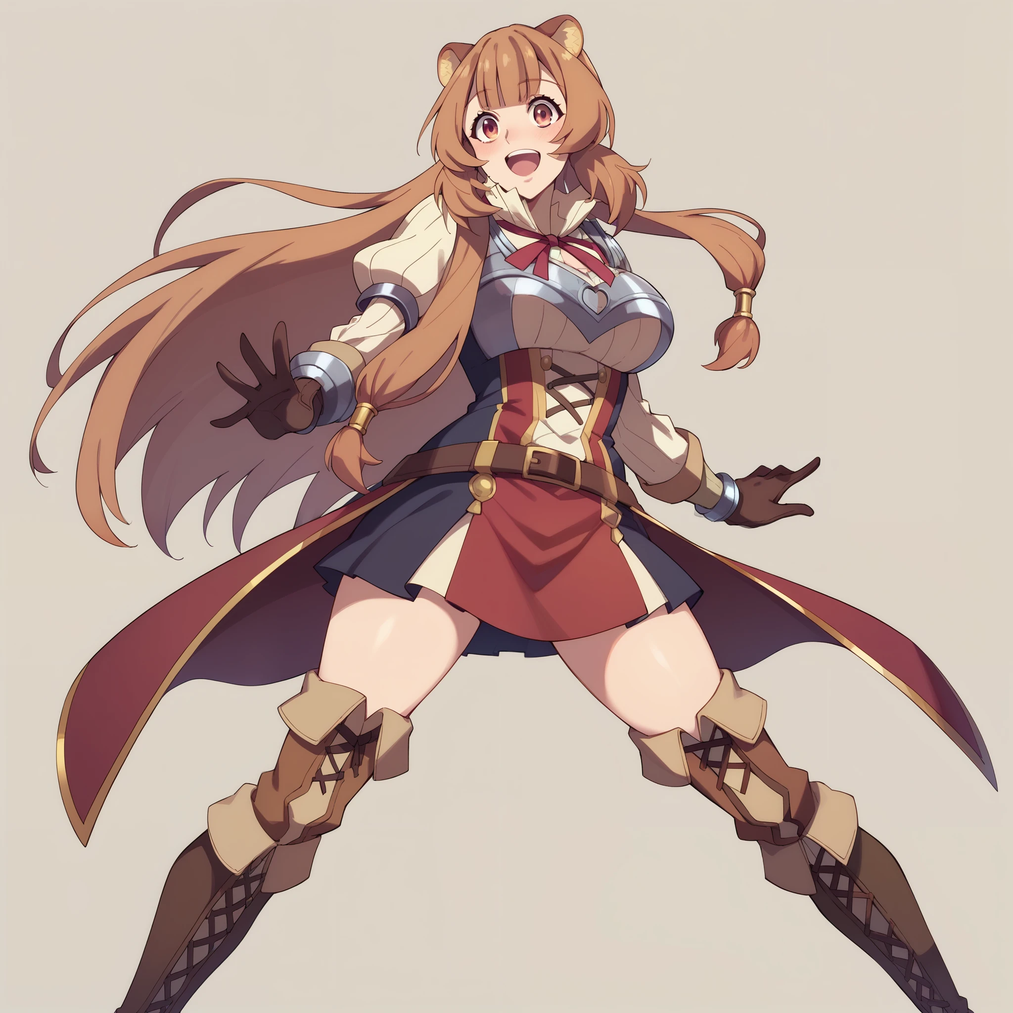 raphtalia ,Orange tree with red tips  ,  smile happy blush  ,  slightly open mouth , bear ears,   Big breasts, Red suit , metal chest,  long boots color brown background some mountains.