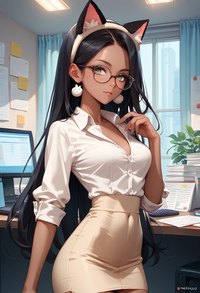   dark skin,  , mucus, smooth skin, girl in a cat costume, thin waist, office,  straight collected black hair, glasses, 